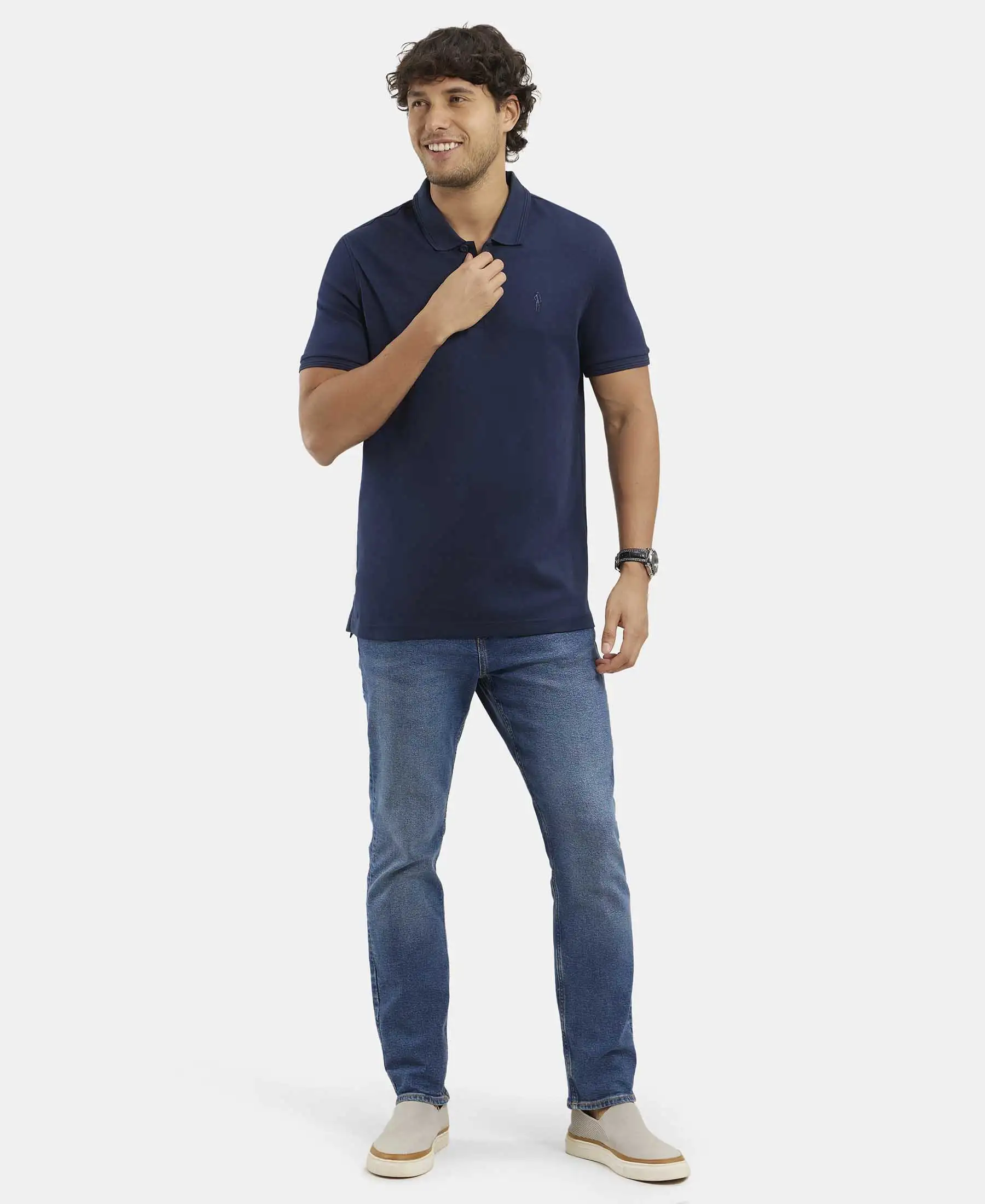 Super Combed Cotton Rich Solid Half Sleeve Polo T-Shirt - Navy - Image 6