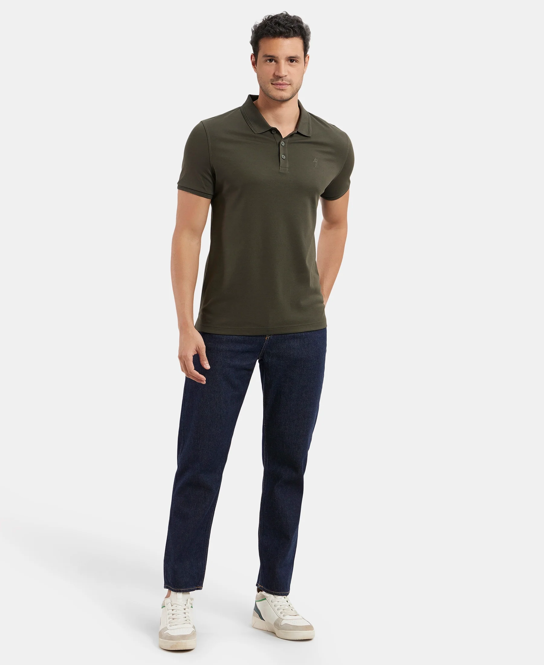 Super Combed Cotton Rich Solid Half Sleeve Polo T-Shirt - Olive - Image 6