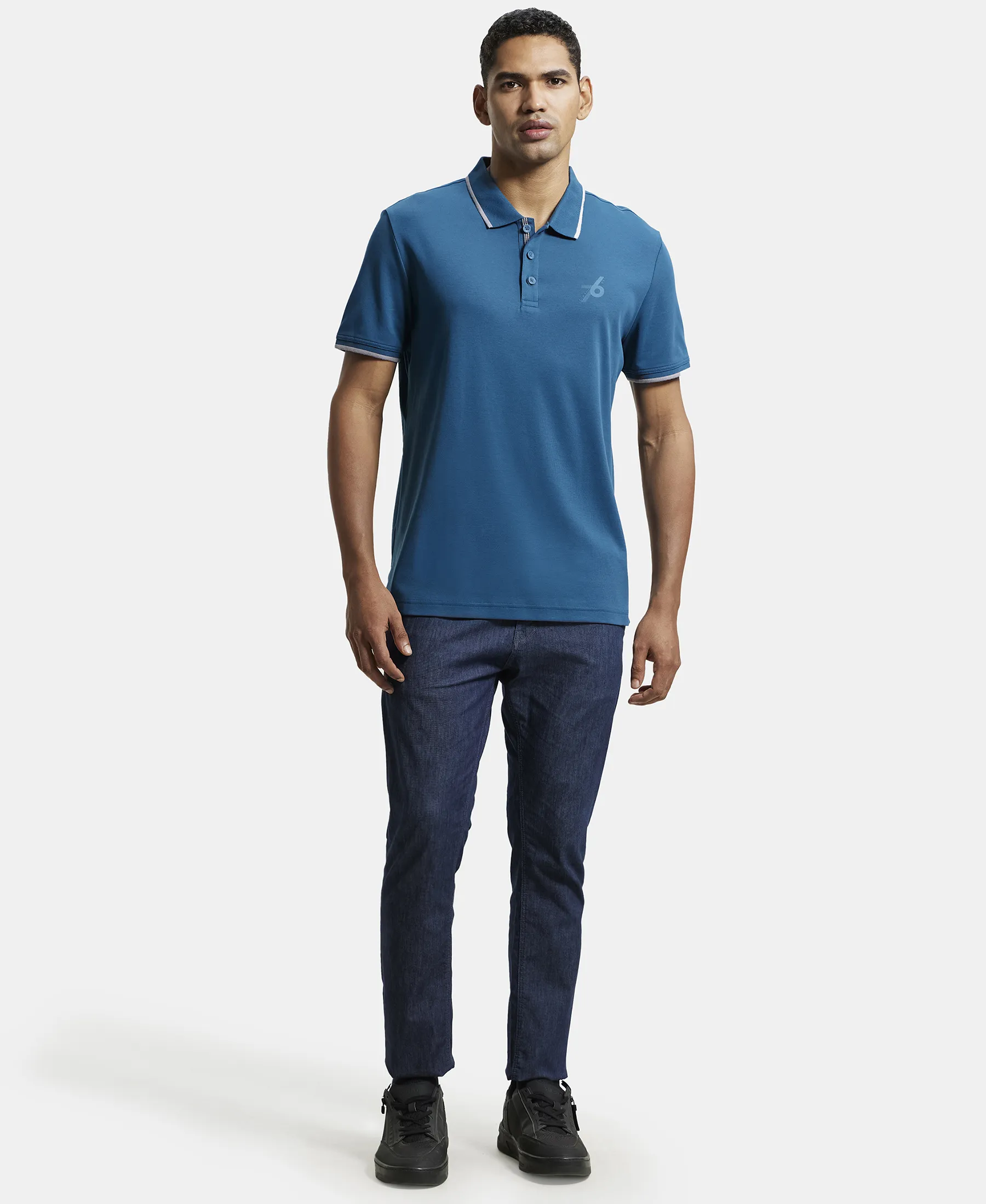 Super Combed Cotton Rich Solid Half Sleeve Polo T-Shirt - Seaport Teal - Image 4