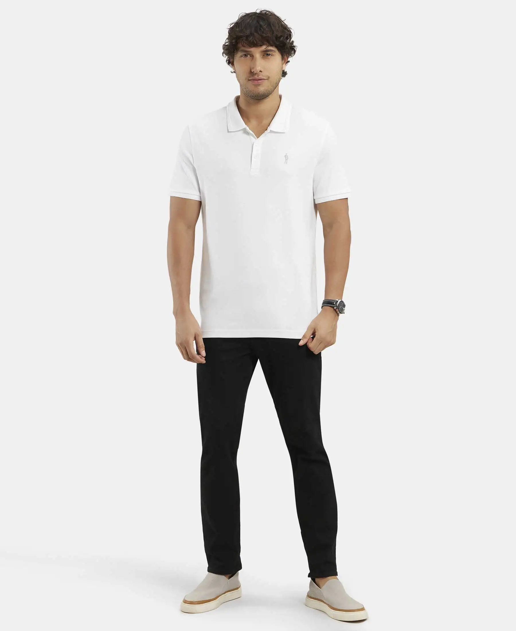 Super Combed Cotton Rich Solid Half Sleeve Polo T-Shirt - White - Image 4
