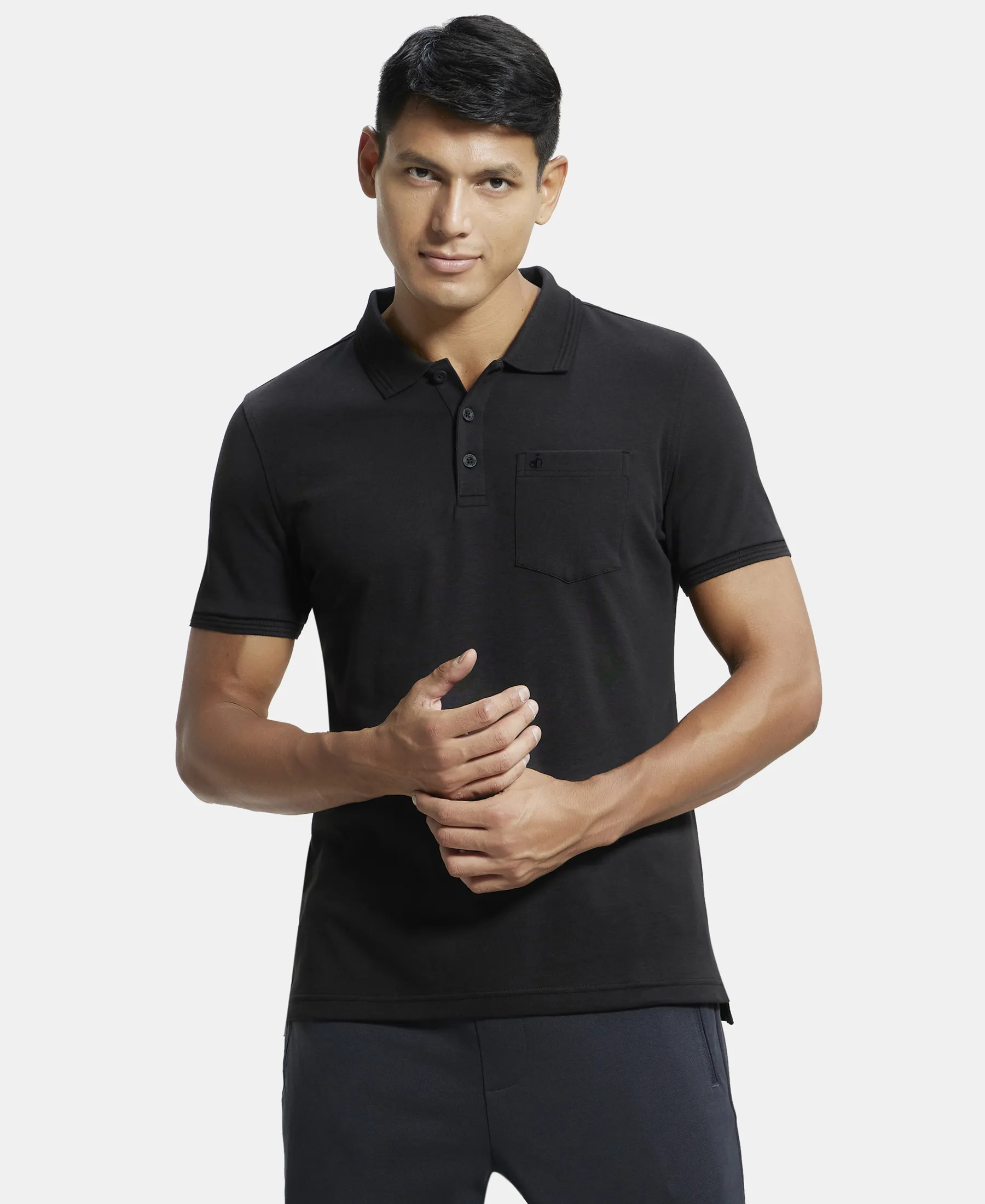 Super Combed Cotton Rich Solid Half Sleeve Polo T-Shirt with Chest Pocket - Black