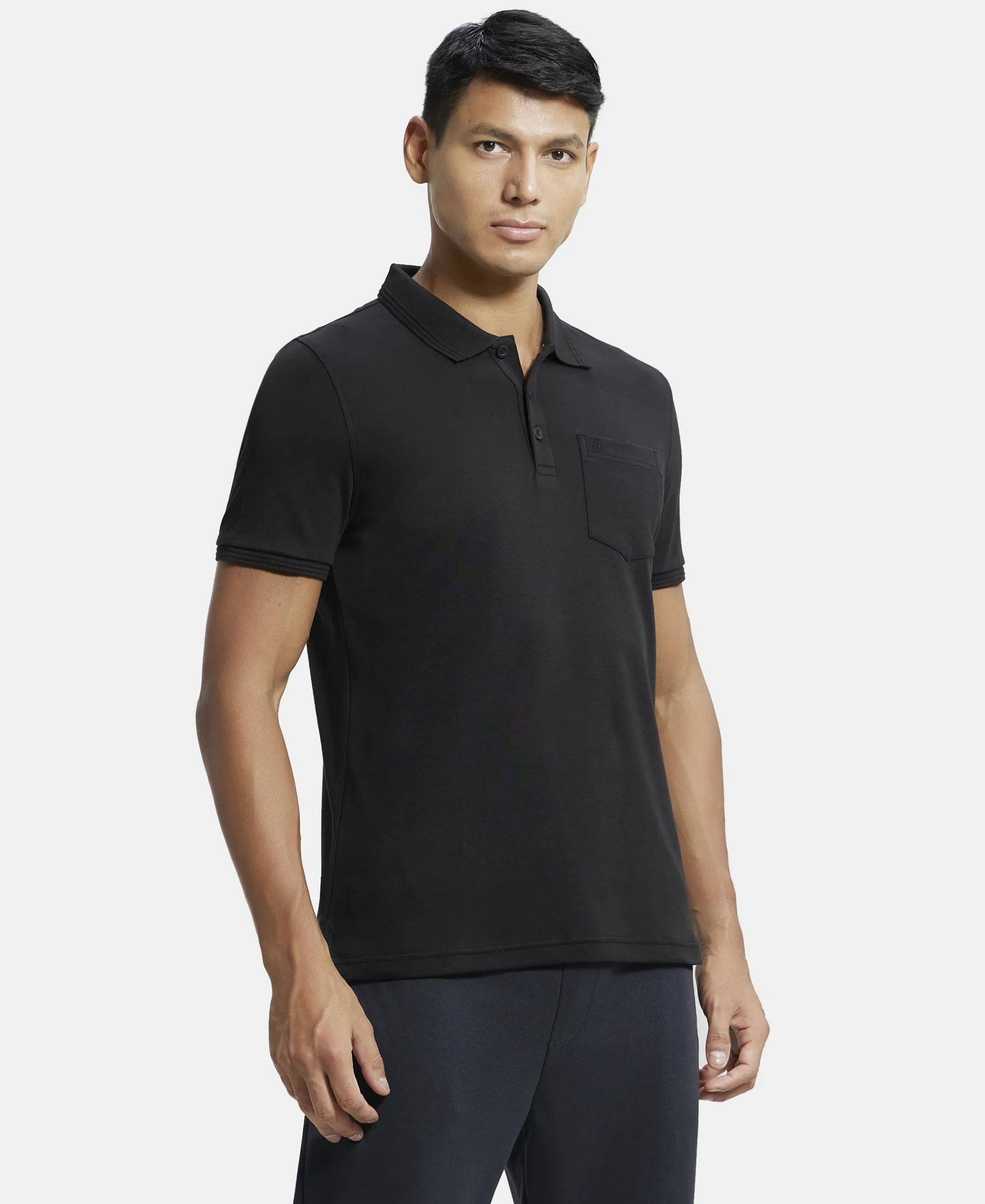 Super Combed Cotton Rich Solid Half Sleeve Polo T-Shirt with Chest Pocket - Black - Image 2