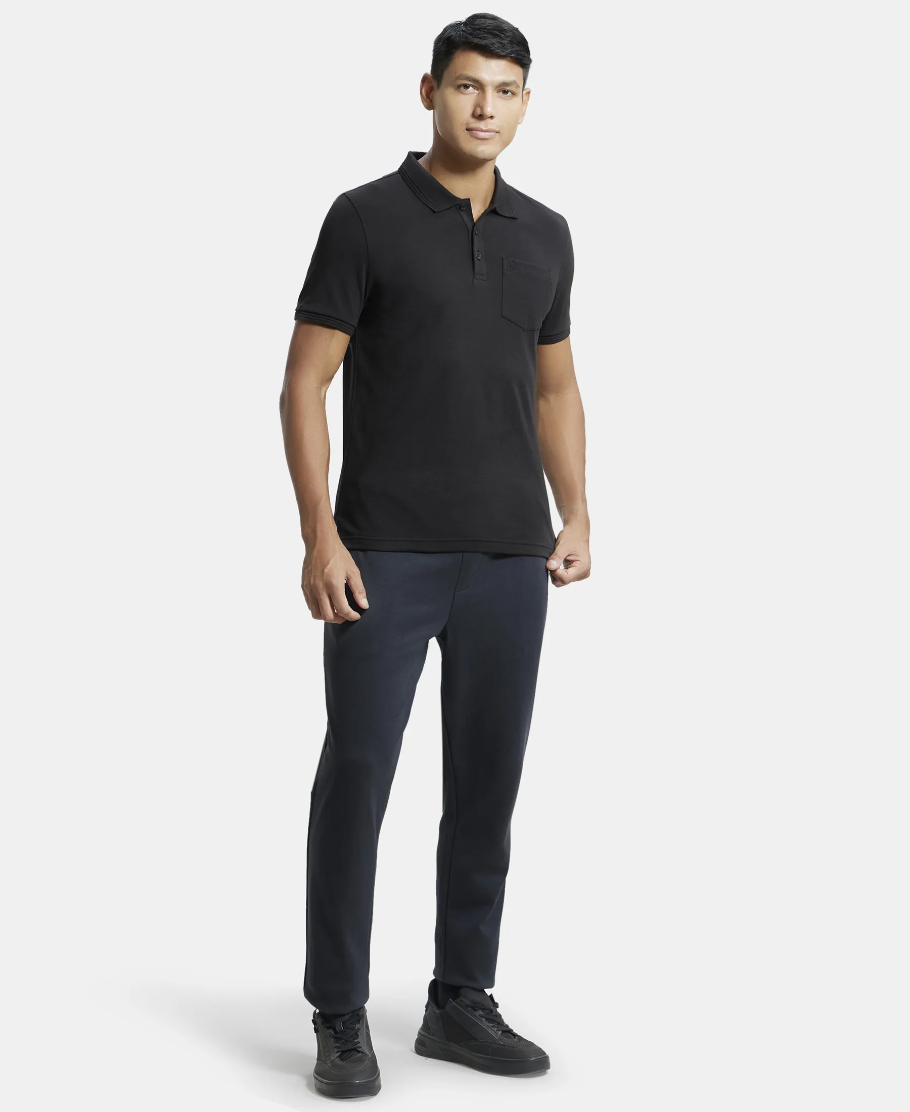Super Combed Cotton Rich Solid Half Sleeve Polo T-Shirt with Chest Pocket - Black - Image 4