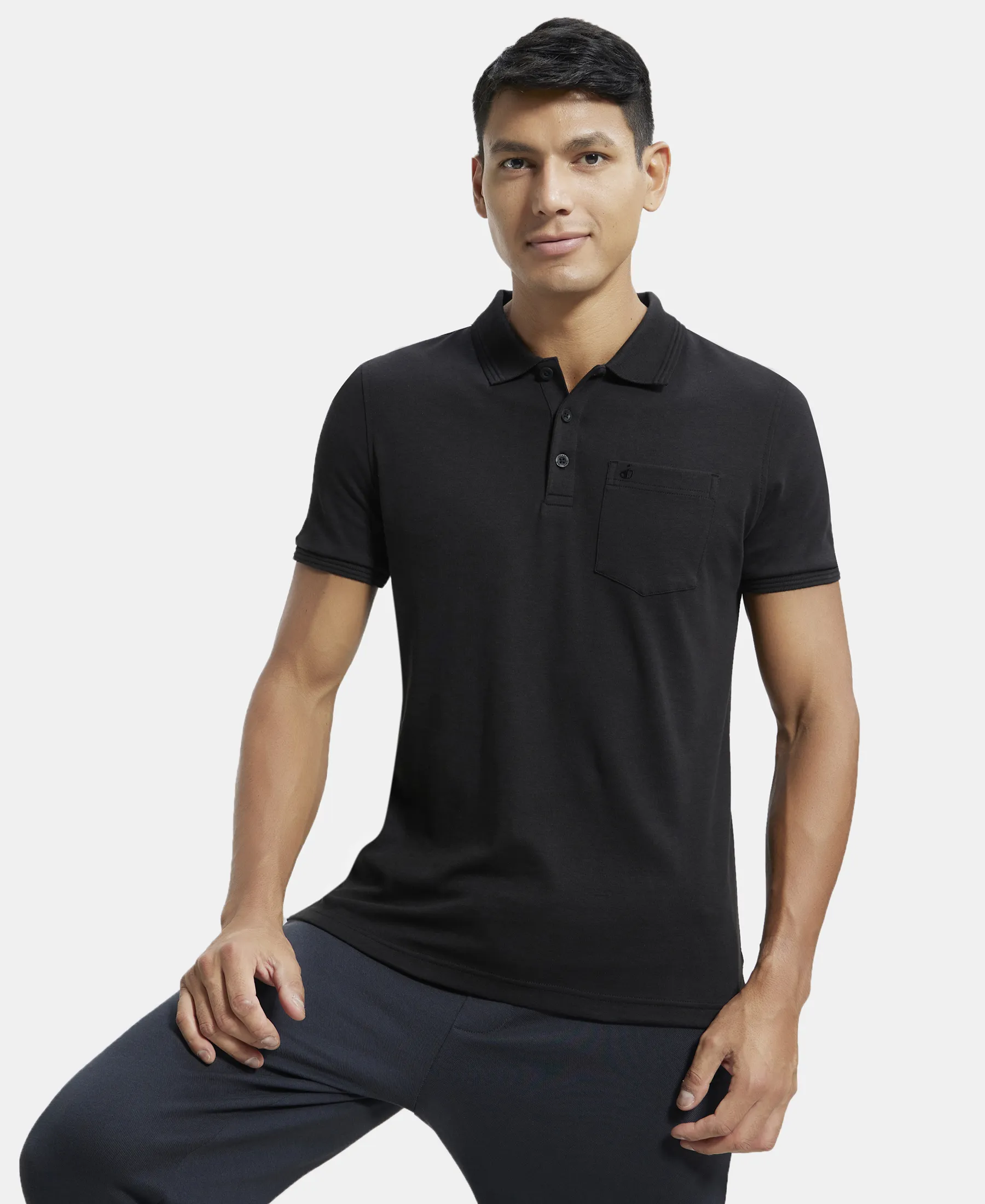 Super Combed Cotton Rich Solid Half Sleeve Polo T-Shirt with Chest Pocket - Black - Image 5