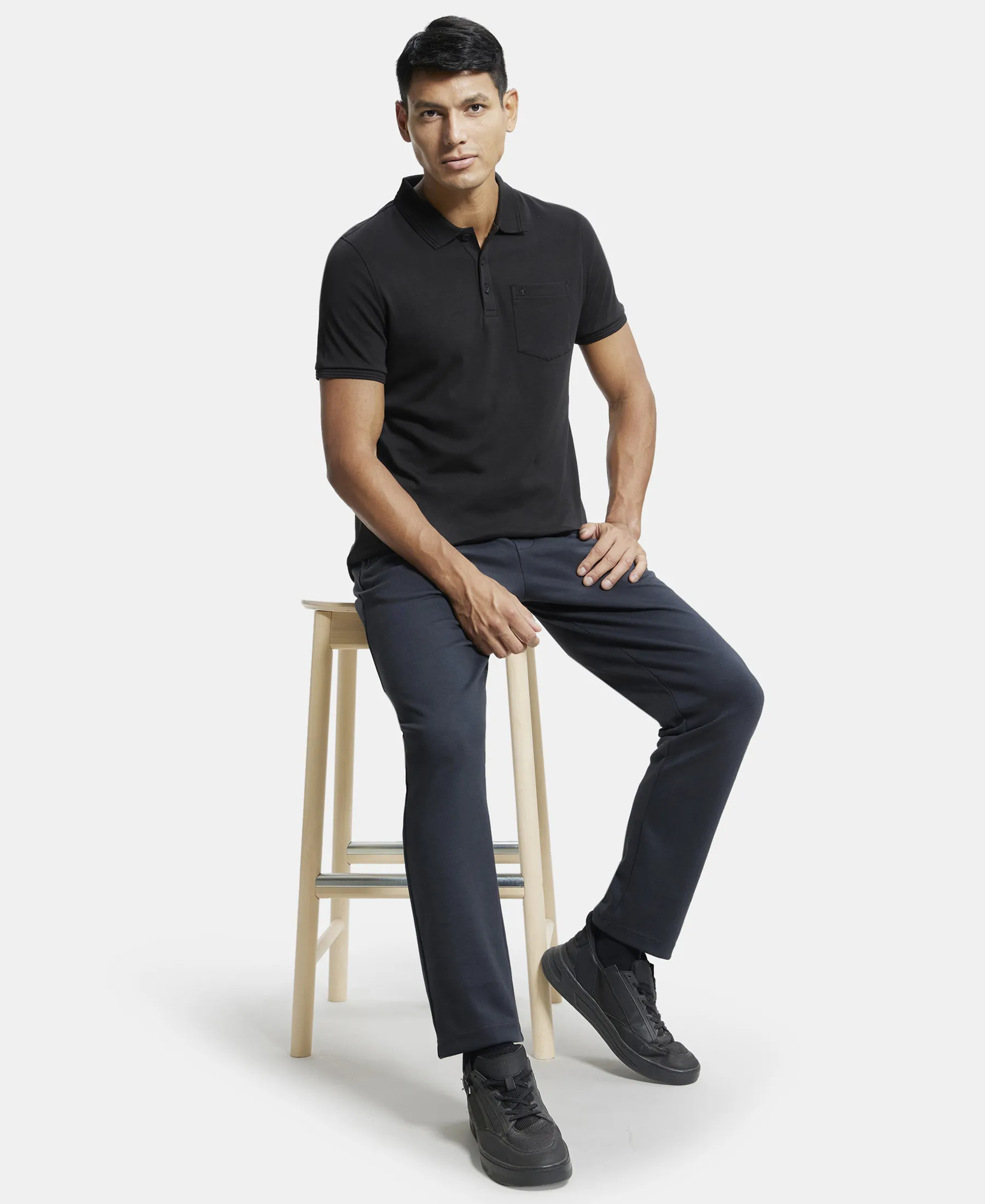 Super Combed Cotton Rich Solid Half Sleeve Polo T-Shirt with Chest Pocket - Black - Image 6