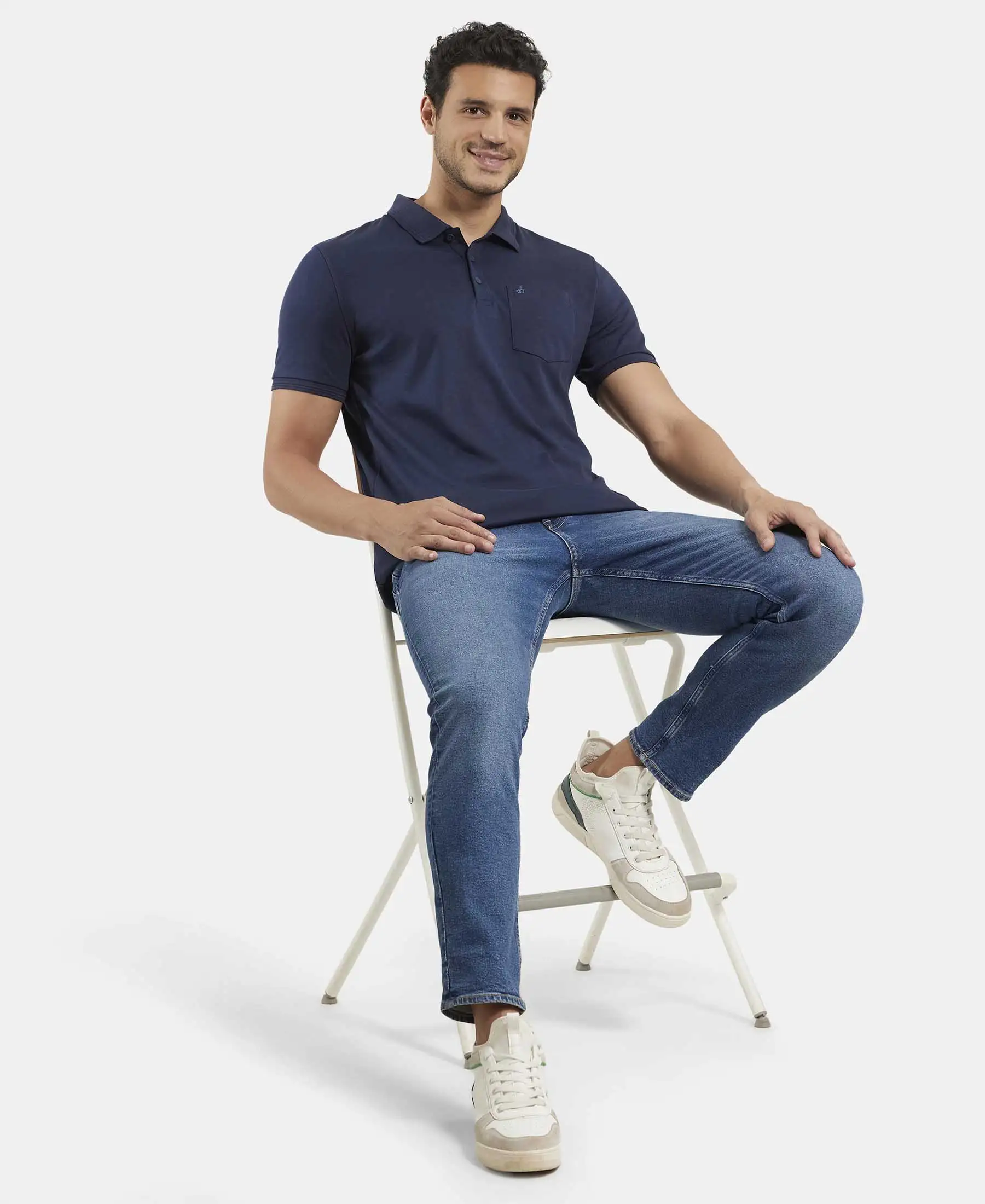 Super Combed Cotton Rich Solid Half Sleeve Polo T-Shirt with Chest Pocket - Navy - Image 6