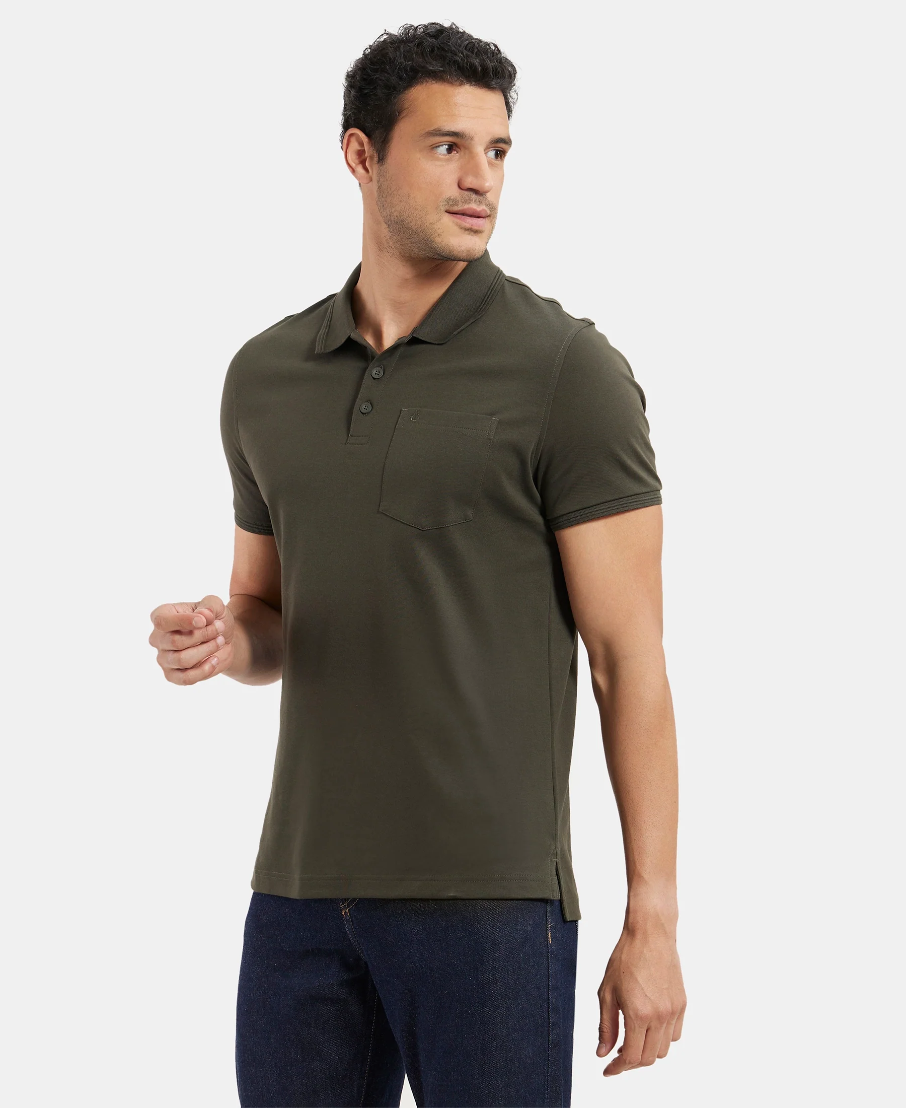 Super Combed Cotton Rich Solid Half Sleeve Polo T-Shirt with Chest Pocket - Olive - Image 5