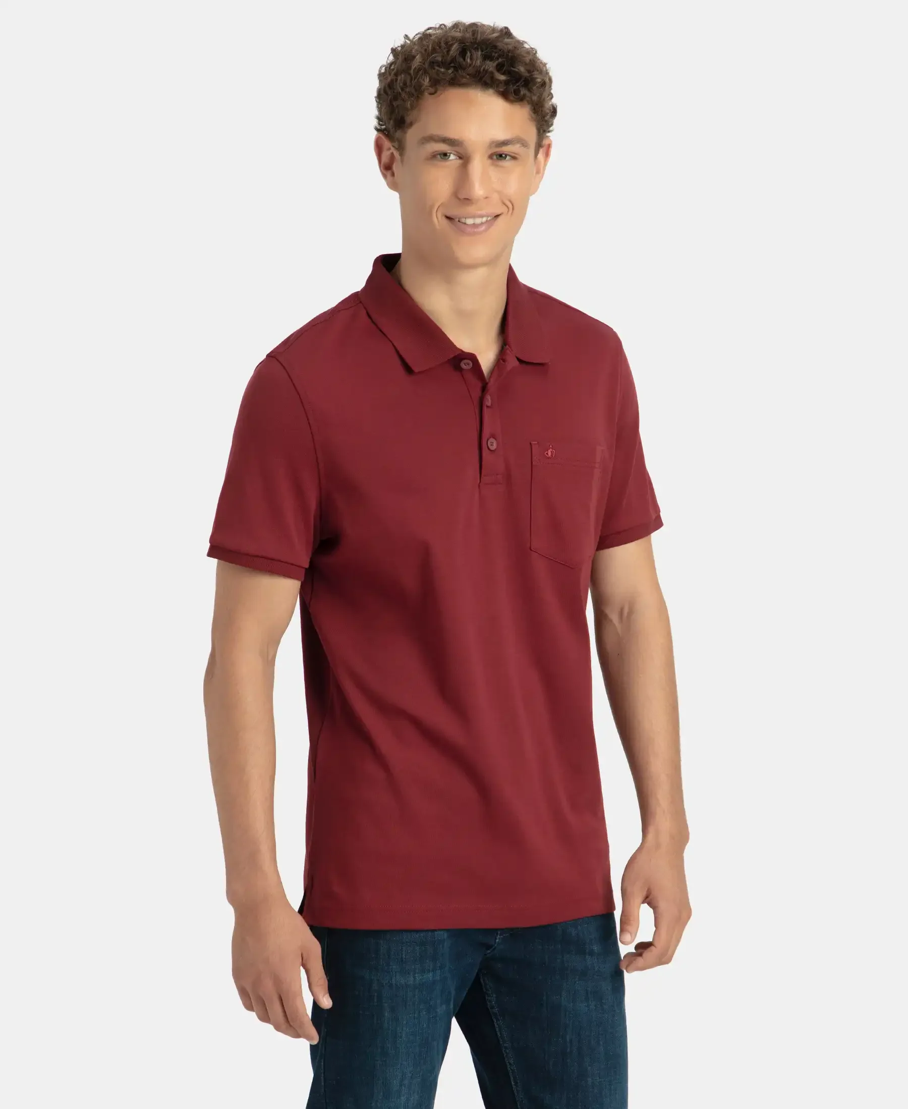 Super Combed Cotton Rich Solid Half Sleeve Polo T-Shirt with Chest Pocket - Pomegranate - Image 2