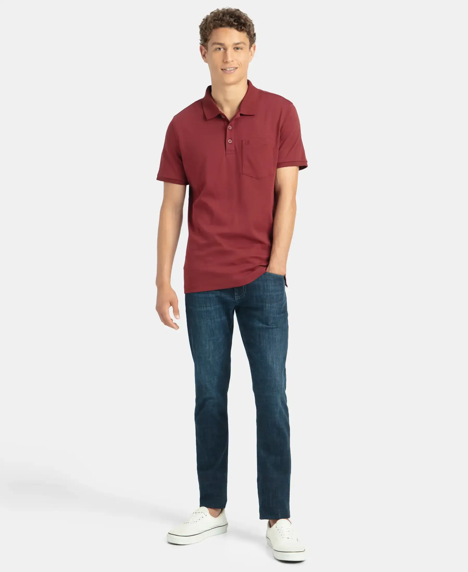Super Combed Cotton Rich Solid Half Sleeve Polo T-Shirt with Chest Pocket - Pomegranate - Image 4