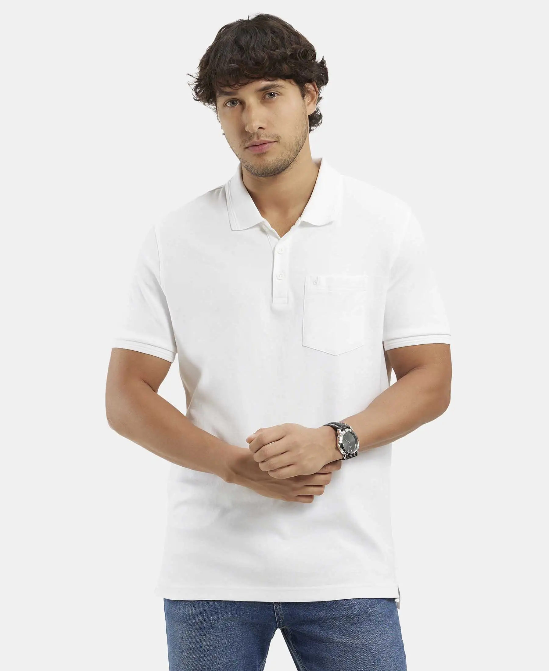 Super Combed Cotton Rich Solid Half Sleeve Polo T-Shirt with Chest Pocket - White