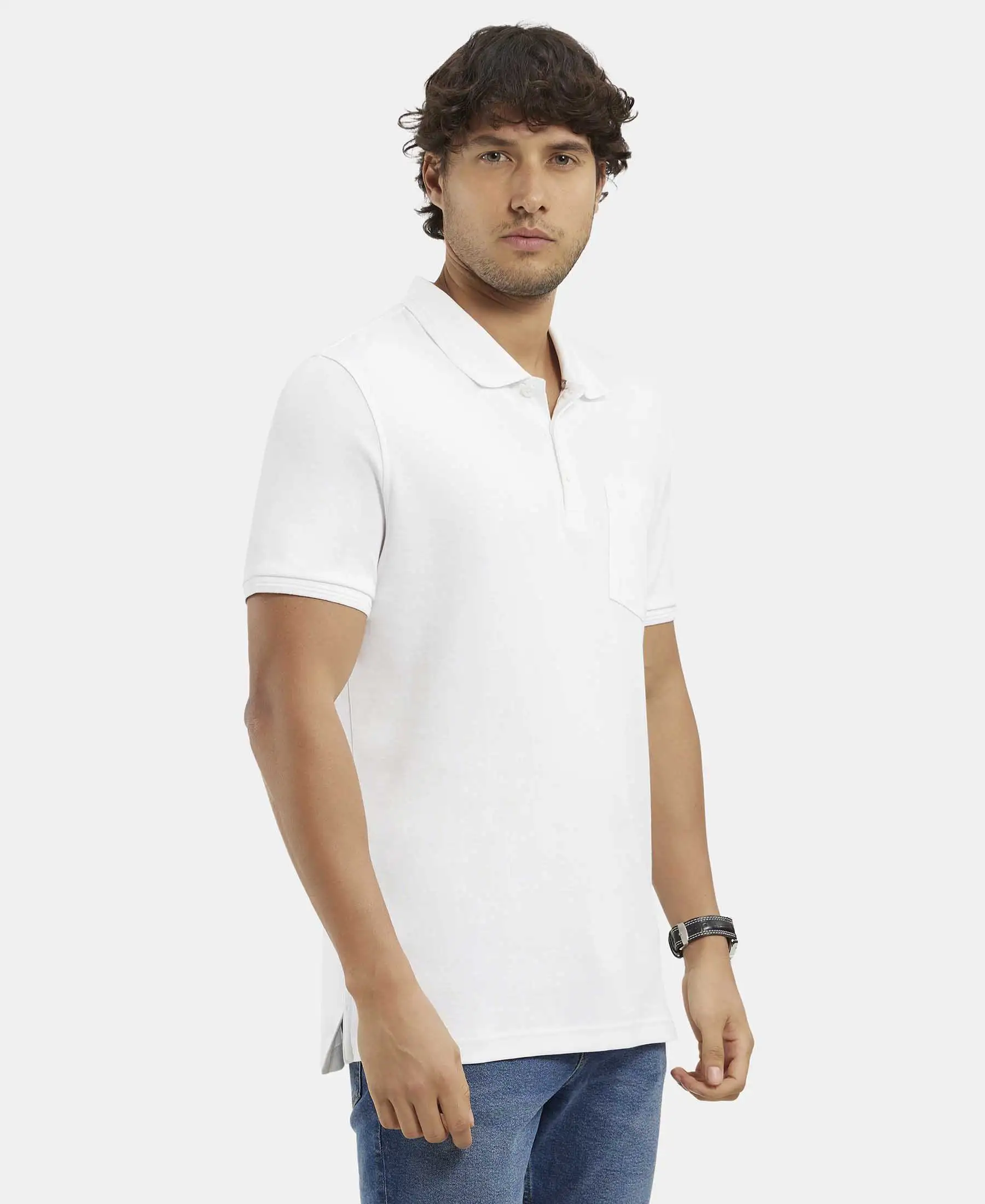 Super Combed Cotton Rich Solid Half Sleeve Polo T-Shirt with Chest Pocket - White - Image 2