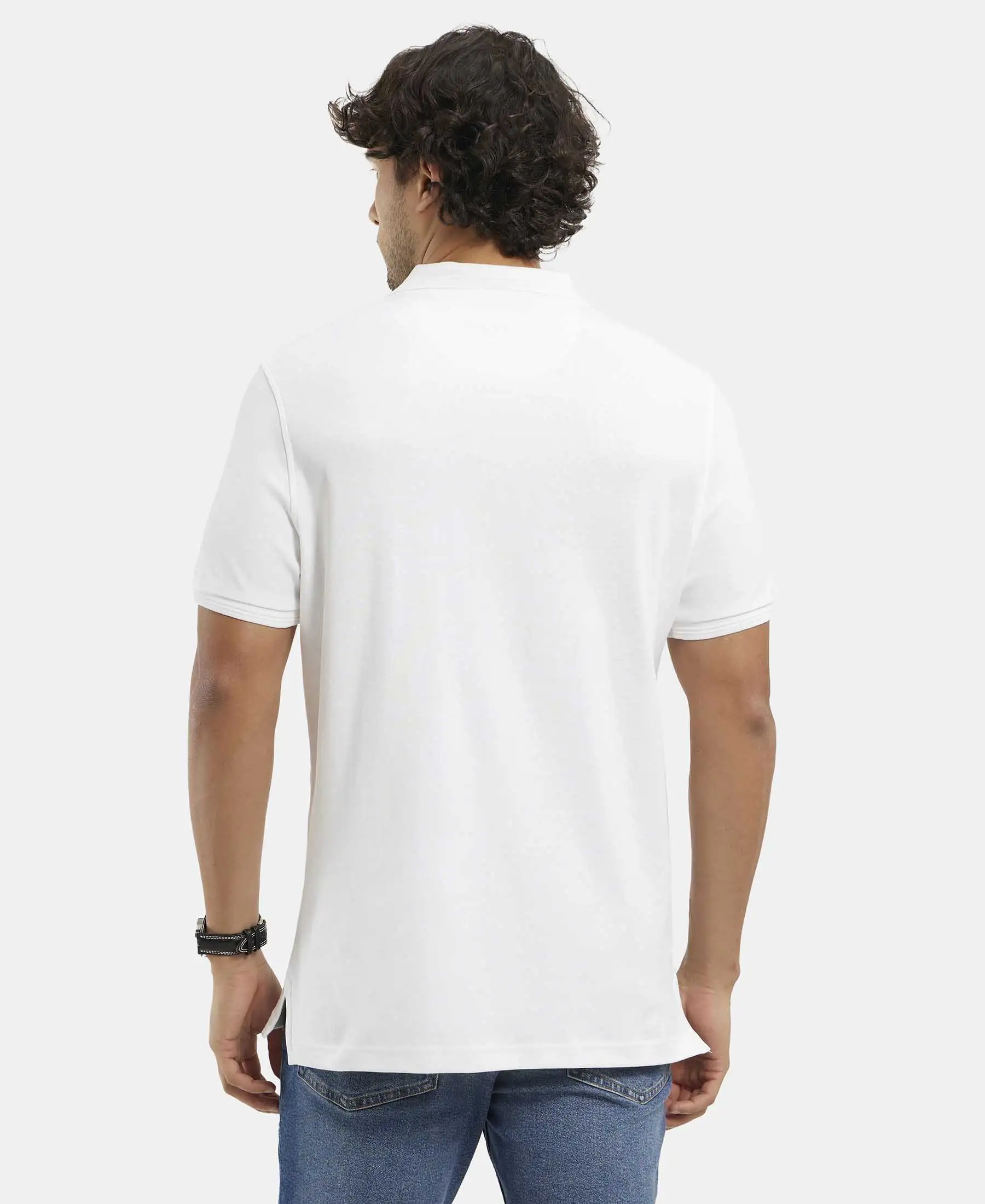 Super Combed Cotton Rich Solid Half Sleeve Polo T-Shirt with Chest Pocket - White - Image 3