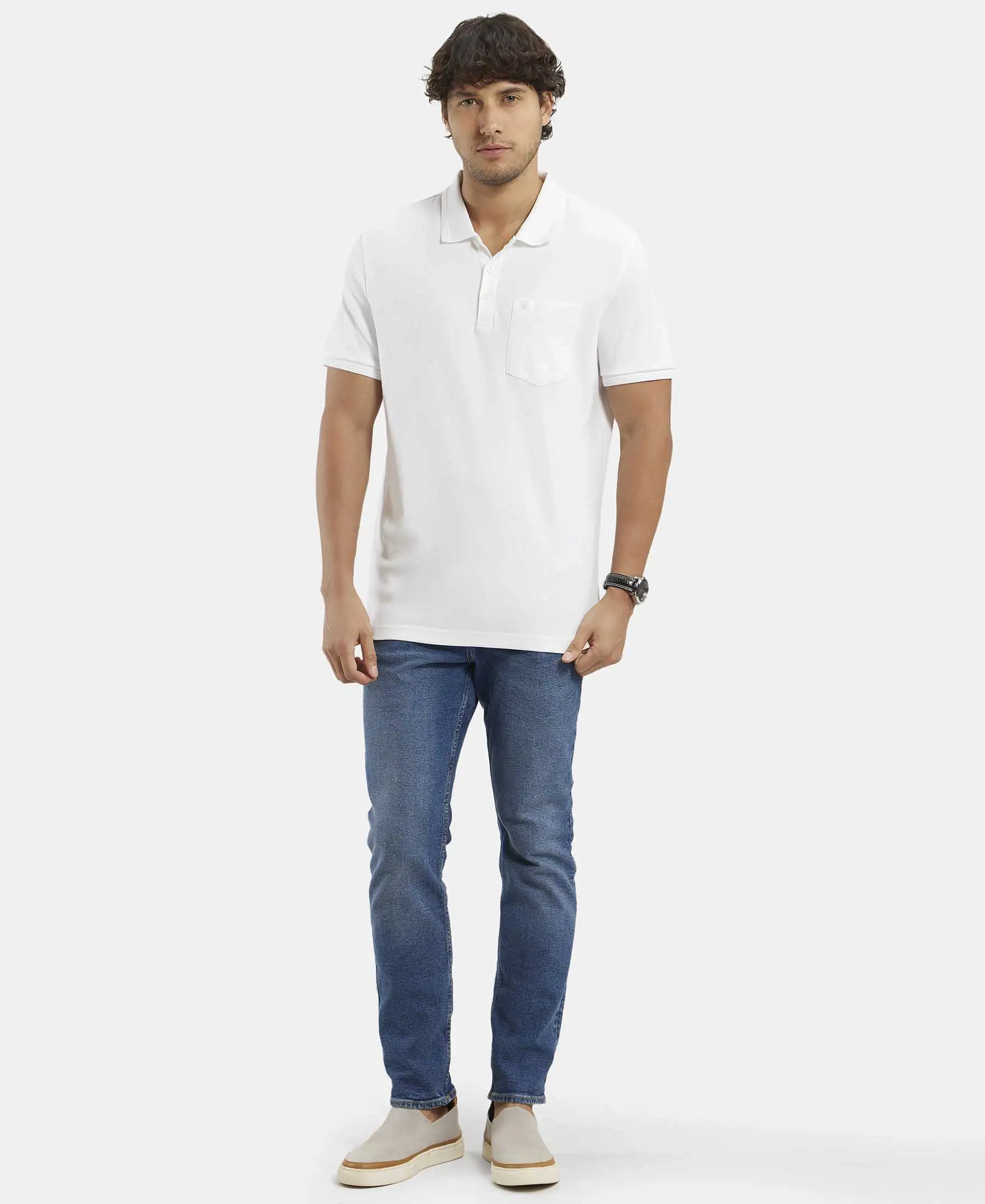 Super Combed Cotton Rich Solid Half Sleeve Polo T-Shirt with Chest Pocket - White - Image 4