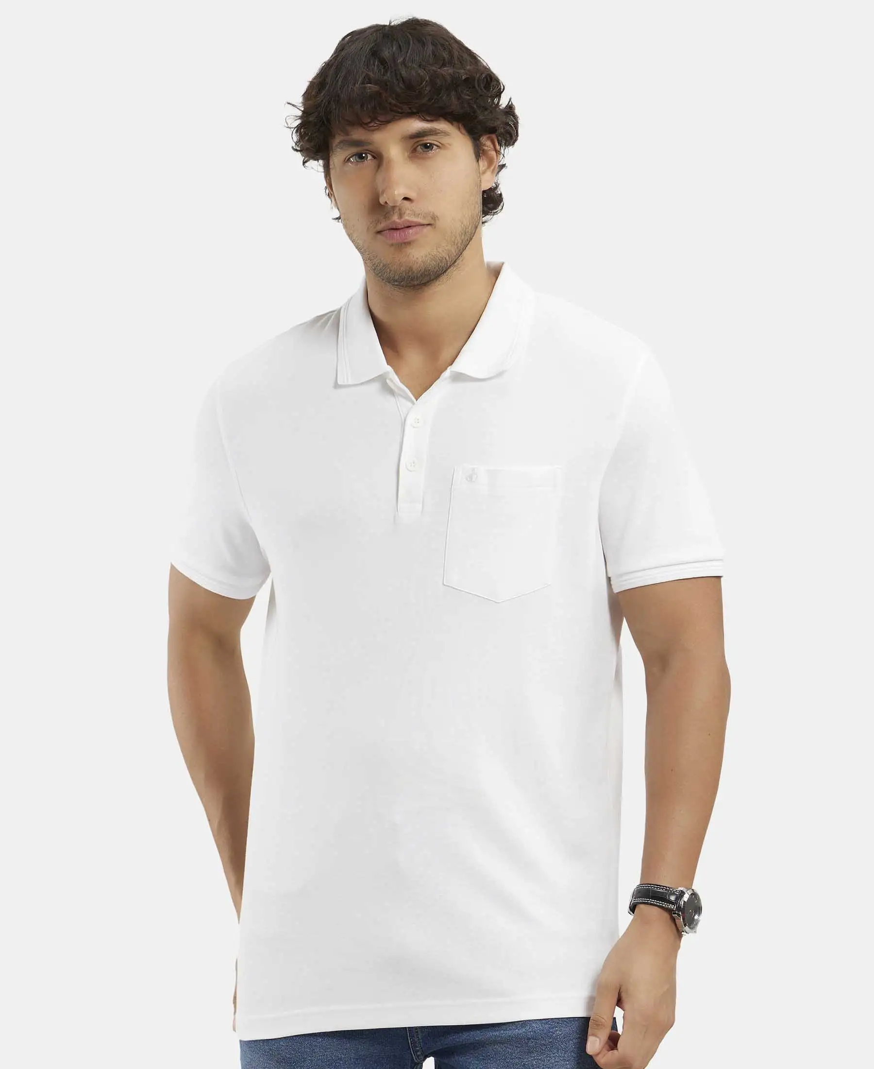 Super Combed Cotton Rich Solid Half Sleeve Polo T-Shirt with Chest Pocket - White - Image 5