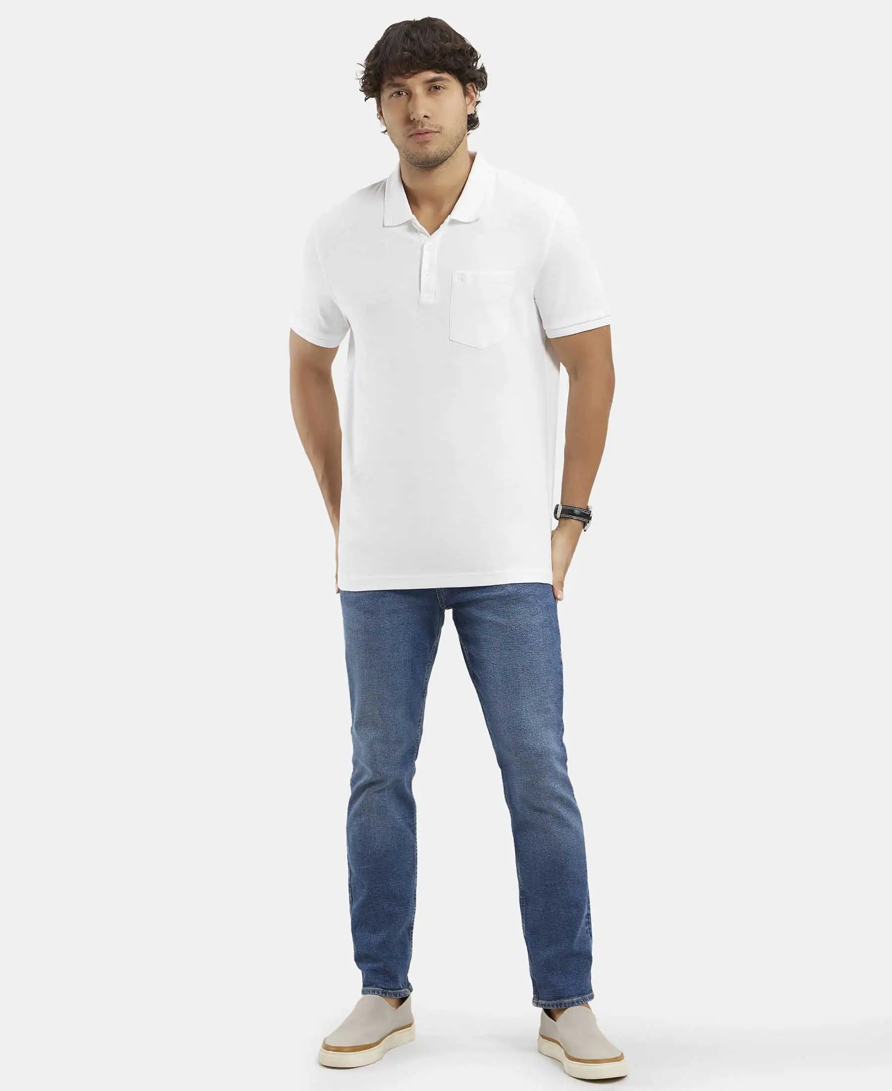 Super Combed Cotton Rich Solid Half Sleeve Polo T-Shirt with Chest Pocket - White - Image 6
