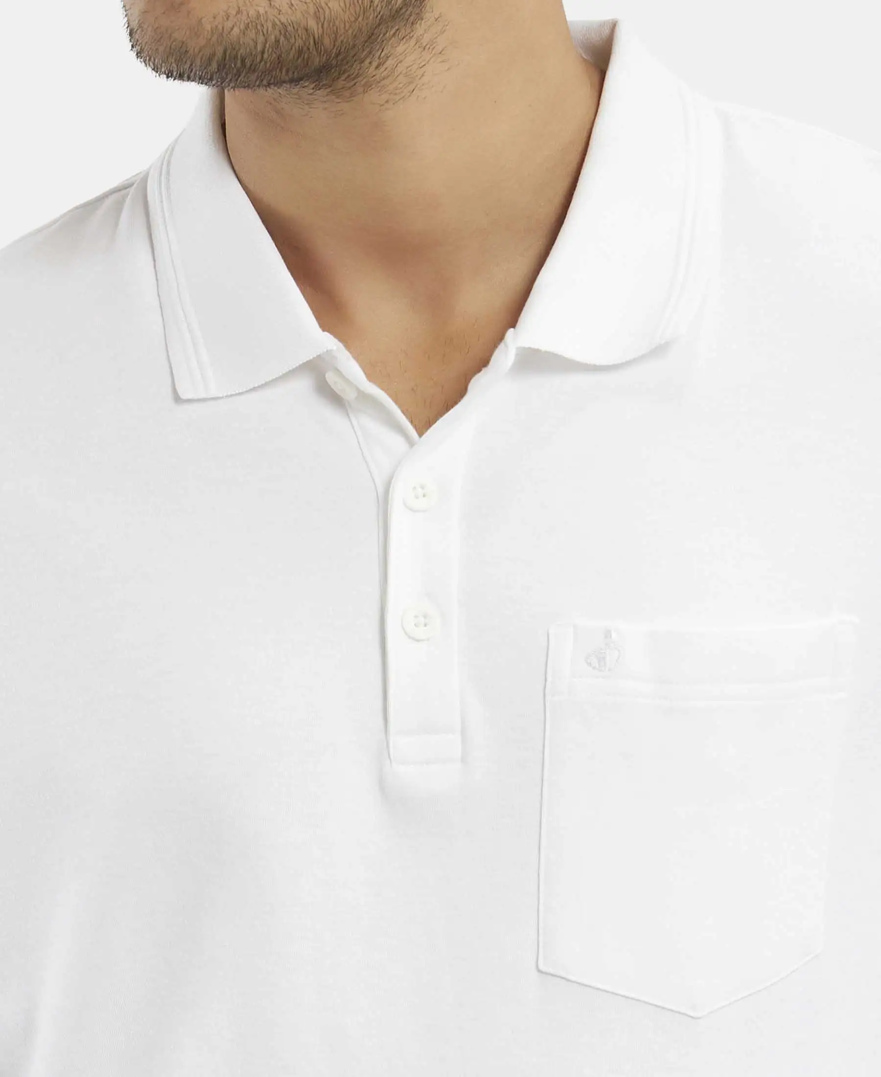 Super Combed Cotton Rich Solid Half Sleeve Polo T-Shirt with Chest Pocket - White - Image 7