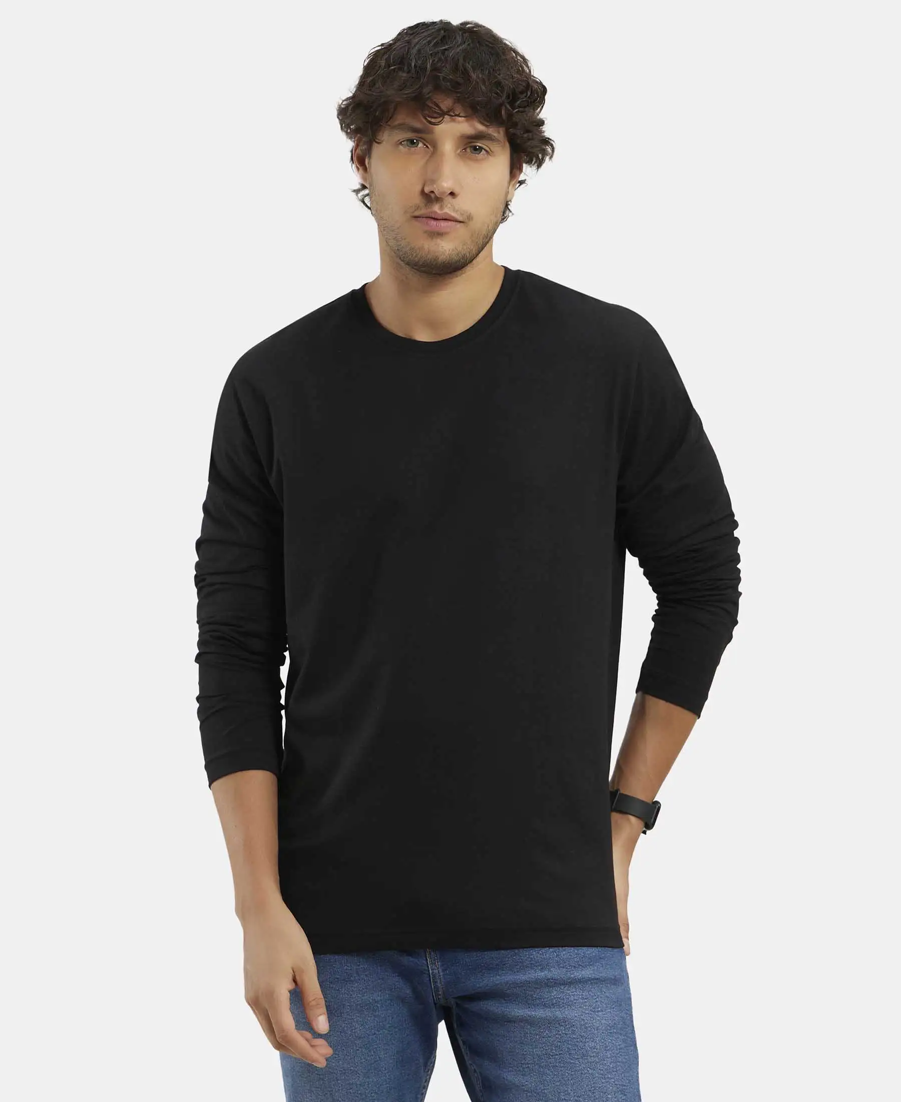 Super Combed Cotton Rich Solid Round Neck Full Sleeve T-Shirt - Black