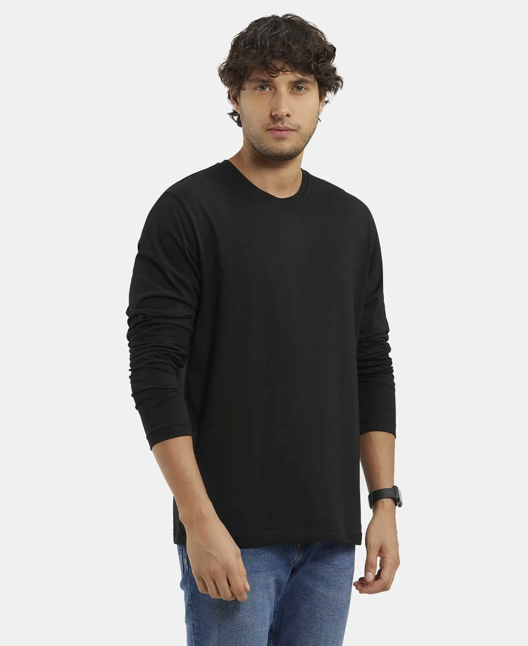 Super Combed Cotton Rich Solid Round Neck Full Sleeve T-Shirt - Black - Image 2