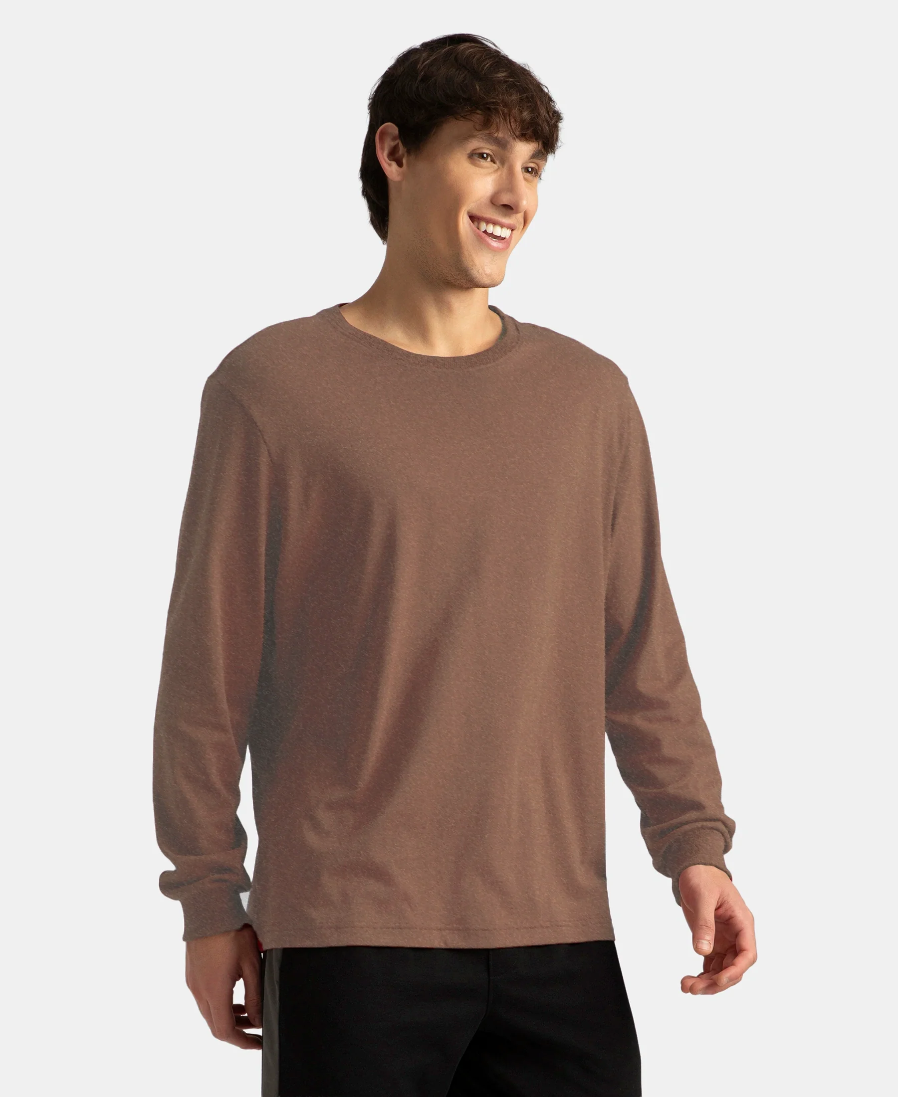 Super Combed Cotton Rich Solid Round Neck Full Sleeve T-Shirt - Brownie Melange - Image 2