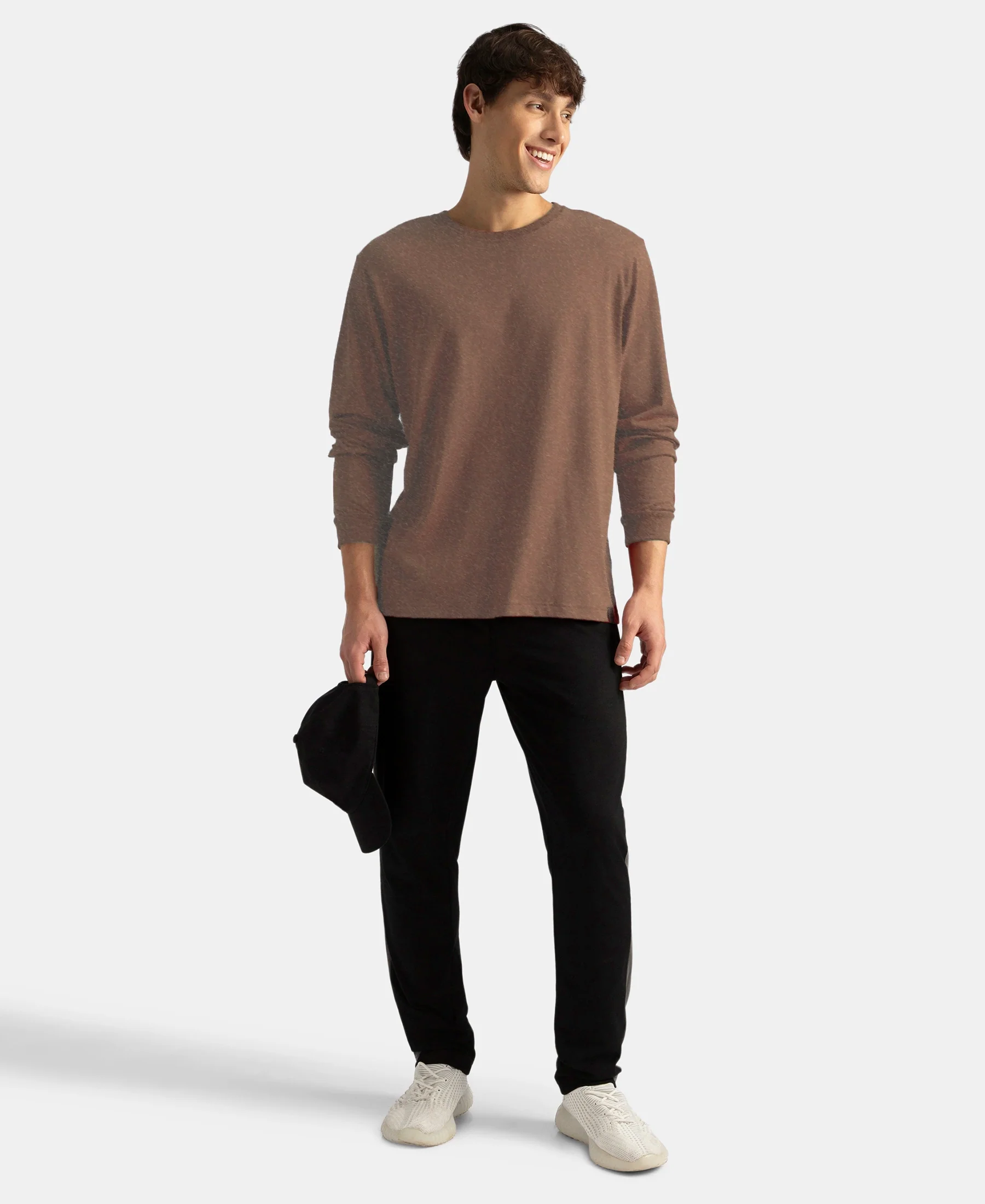Super Combed Cotton Rich Solid Round Neck Full Sleeve T-Shirt - Brownie Melange - Image 4