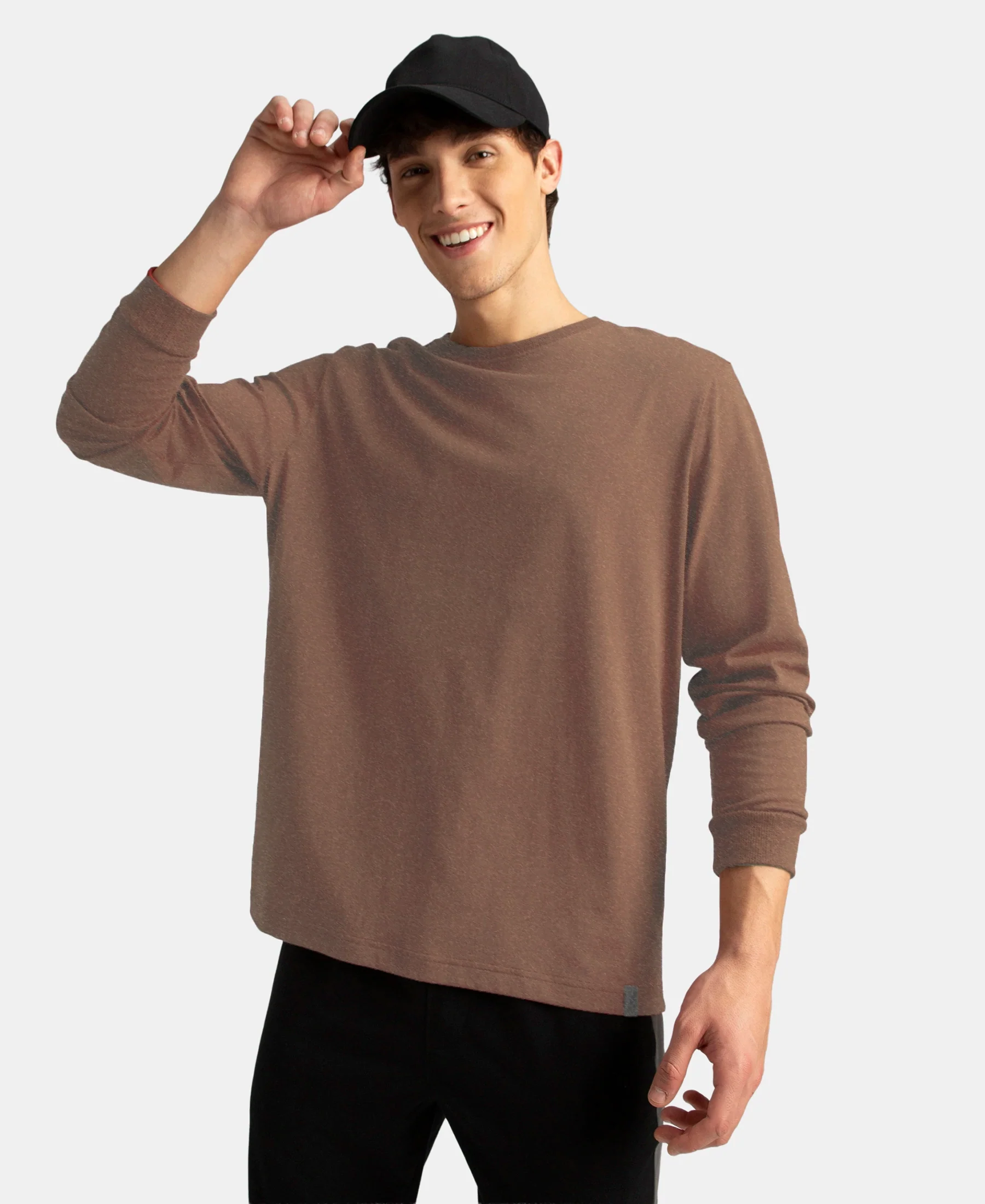 Super Combed Cotton Rich Solid Round Neck Full Sleeve T-Shirt - Brownie Melange - Image 5