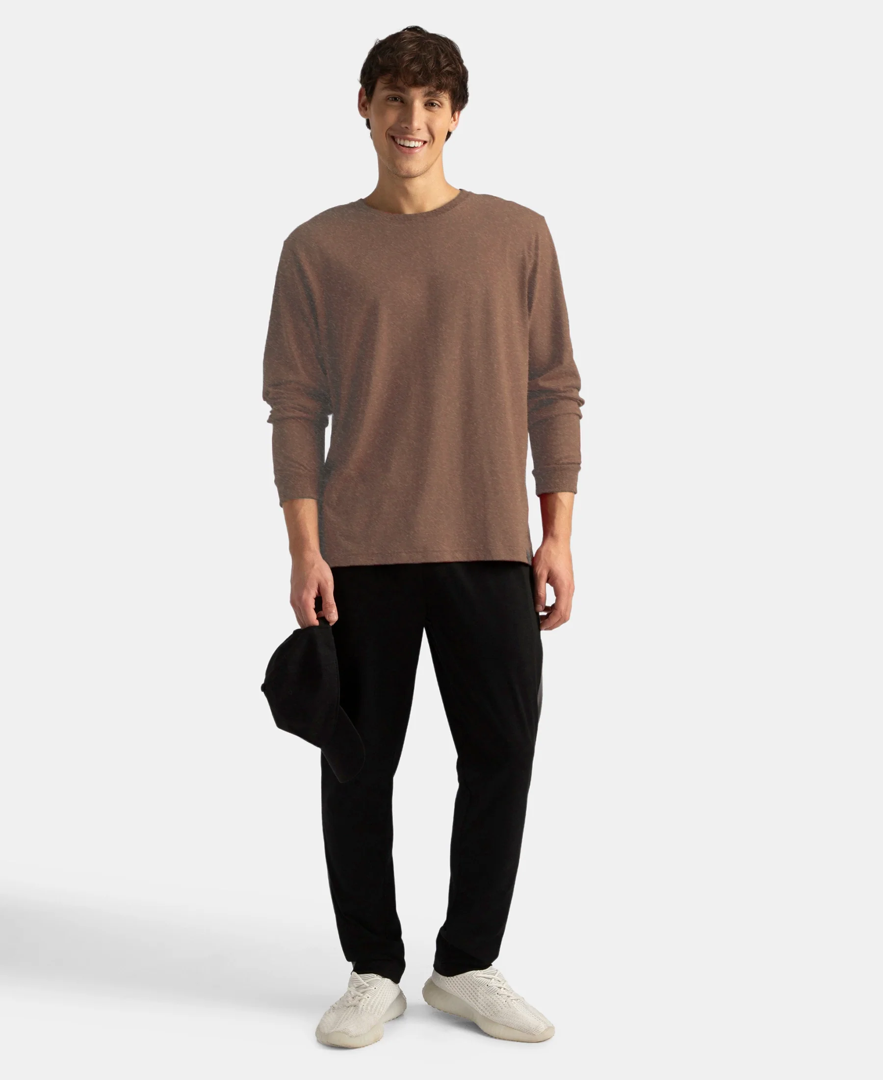 Super Combed Cotton Rich Solid Round Neck Full Sleeve T-Shirt - Brownie Melange - Image 6