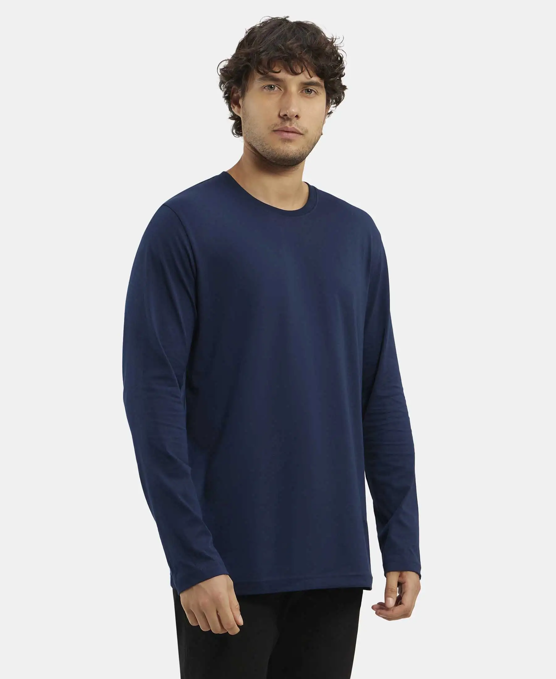 Super Combed Cotton Rich Solid Round Neck Full Sleeve T-Shirt - Navy - Image 2
