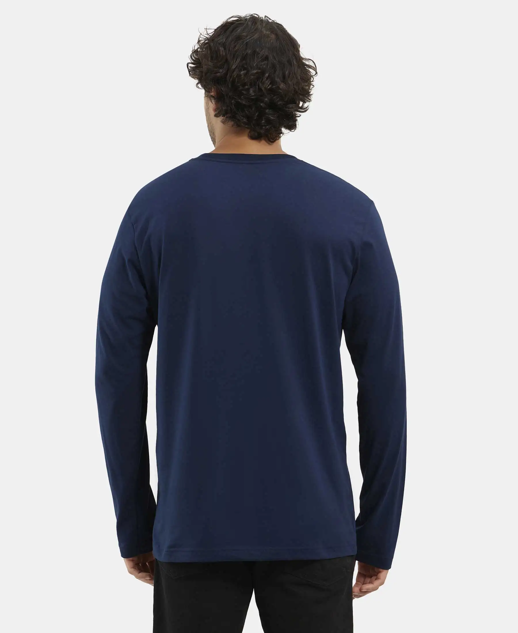 Super Combed Cotton Rich Solid Round Neck Full Sleeve T-Shirt - Navy - Image 3