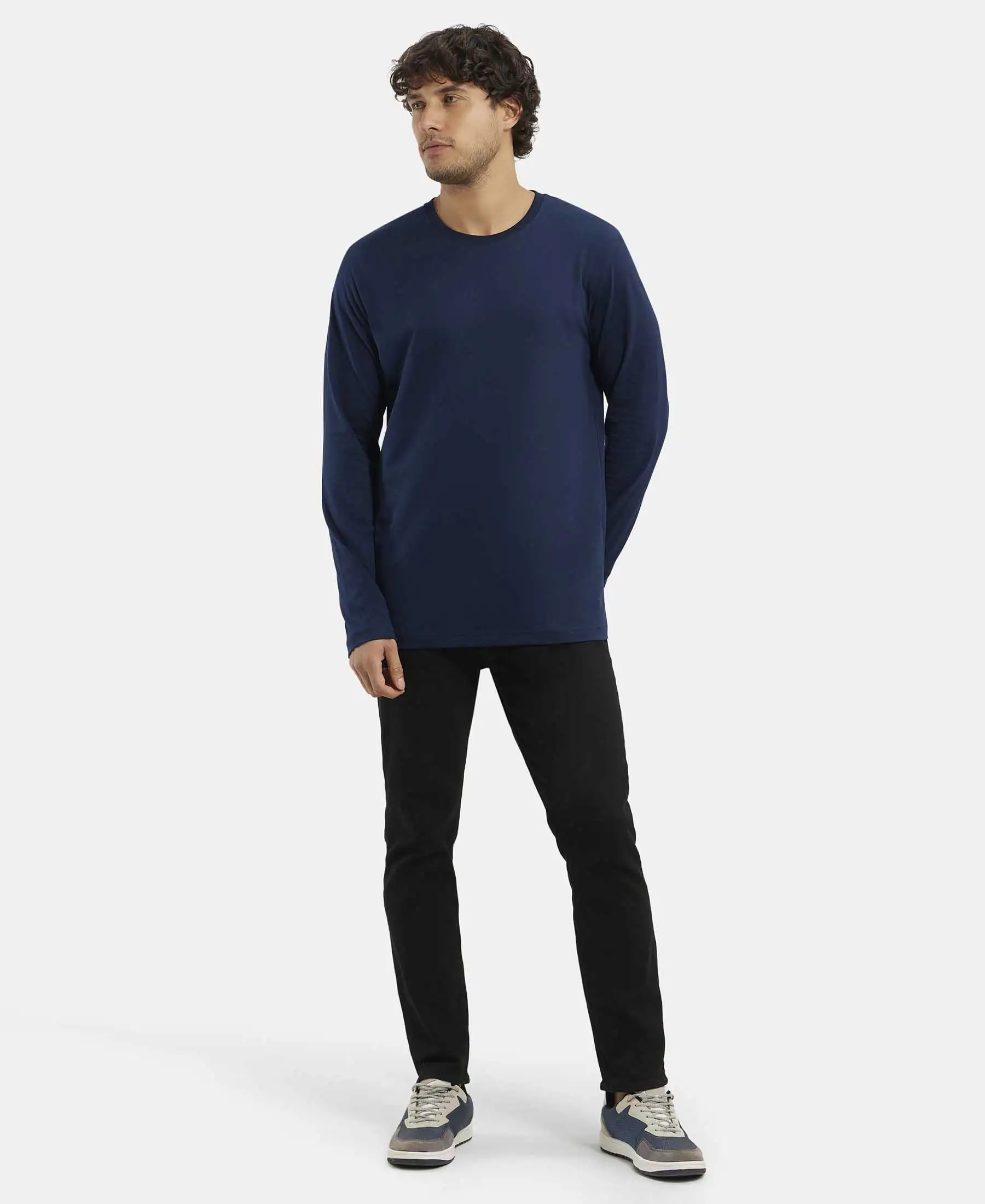 Super Combed Cotton Rich Solid Round Neck Full Sleeve T-Shirt - Navy - Image 6