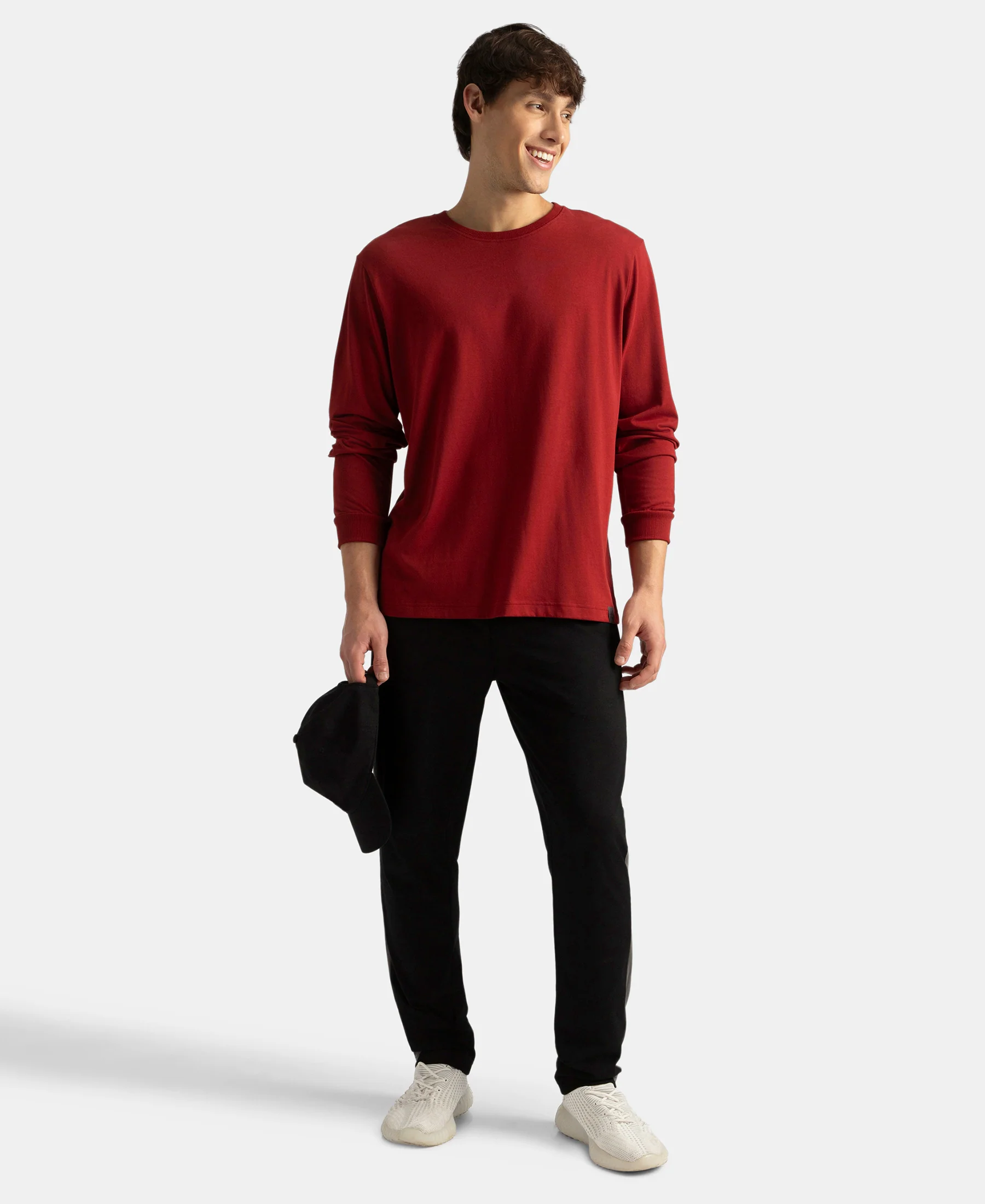 Super Combed Cotton Rich Solid Round Neck Full Sleeve T-Shirt - Sundried Tomato - Image 4