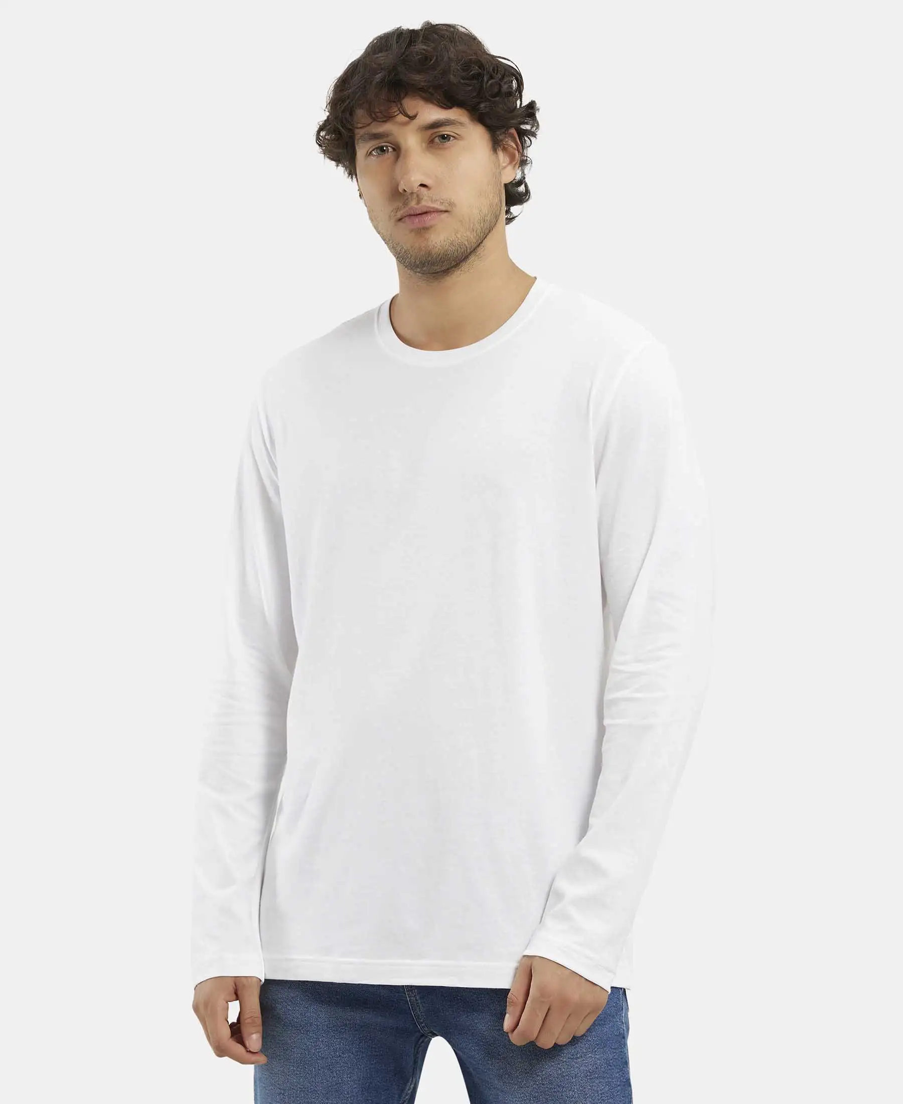 Super Combed Cotton Rich Solid Round Neck Full Sleeve T-Shirt - White