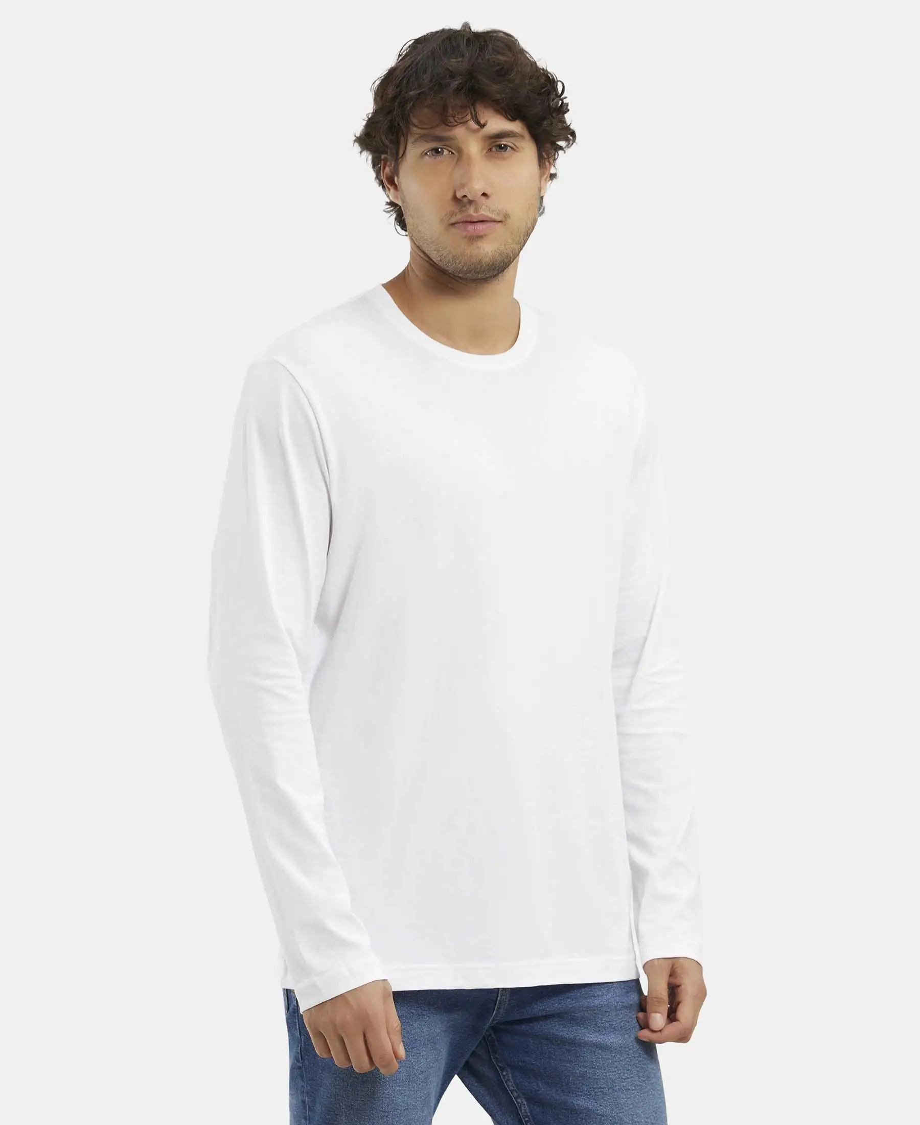 Super Combed Cotton Rich Solid Round Neck Full Sleeve T-Shirt - White - Image 2