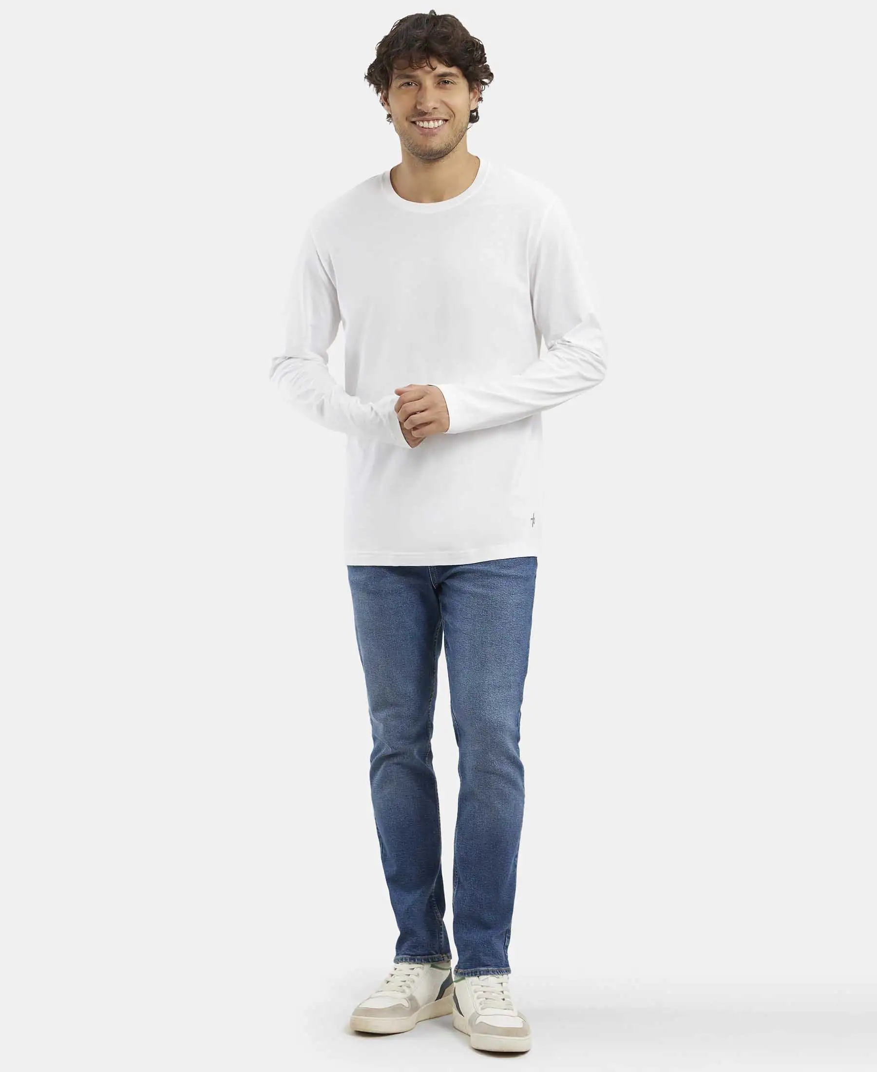 Super Combed Cotton Rich Solid Round Neck Full Sleeve T-Shirt - White - Image 4