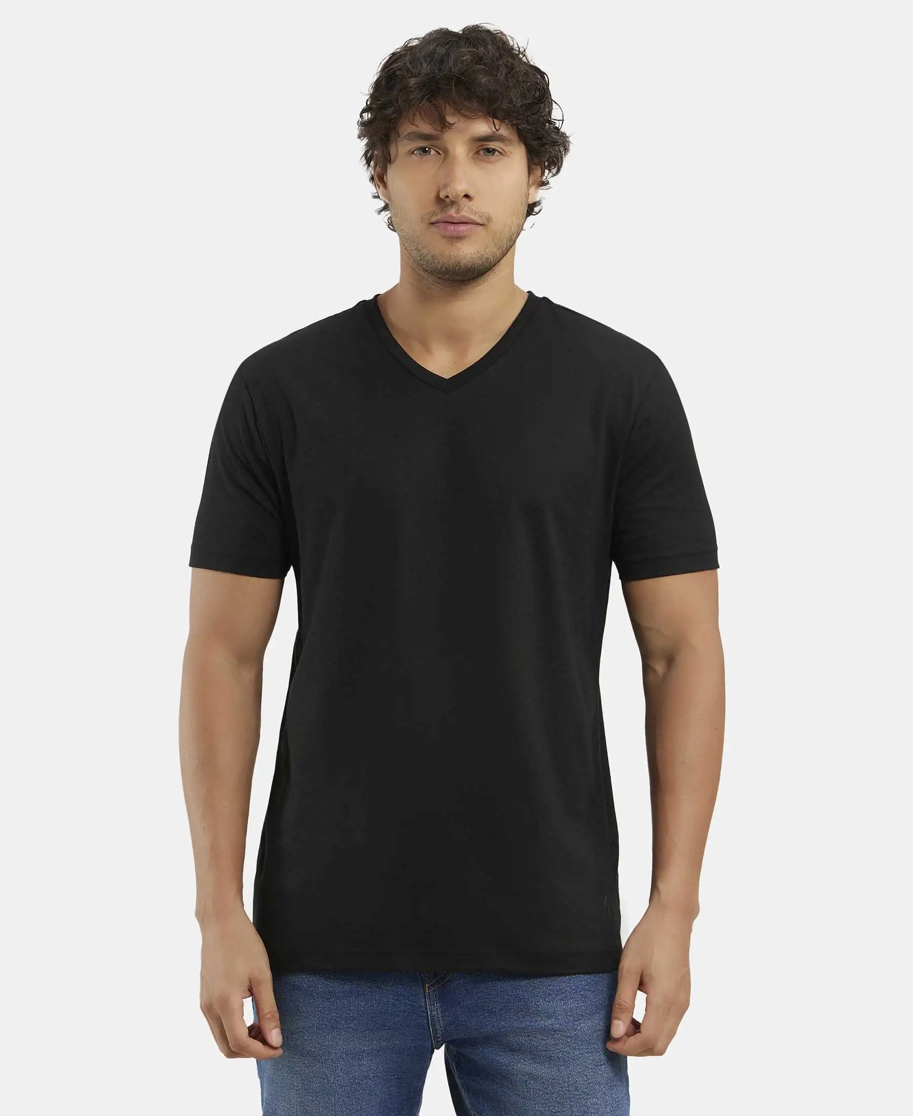 Super Combed Cotton Rich Solid V Neck Half Sleeve T-Shirt  - Black