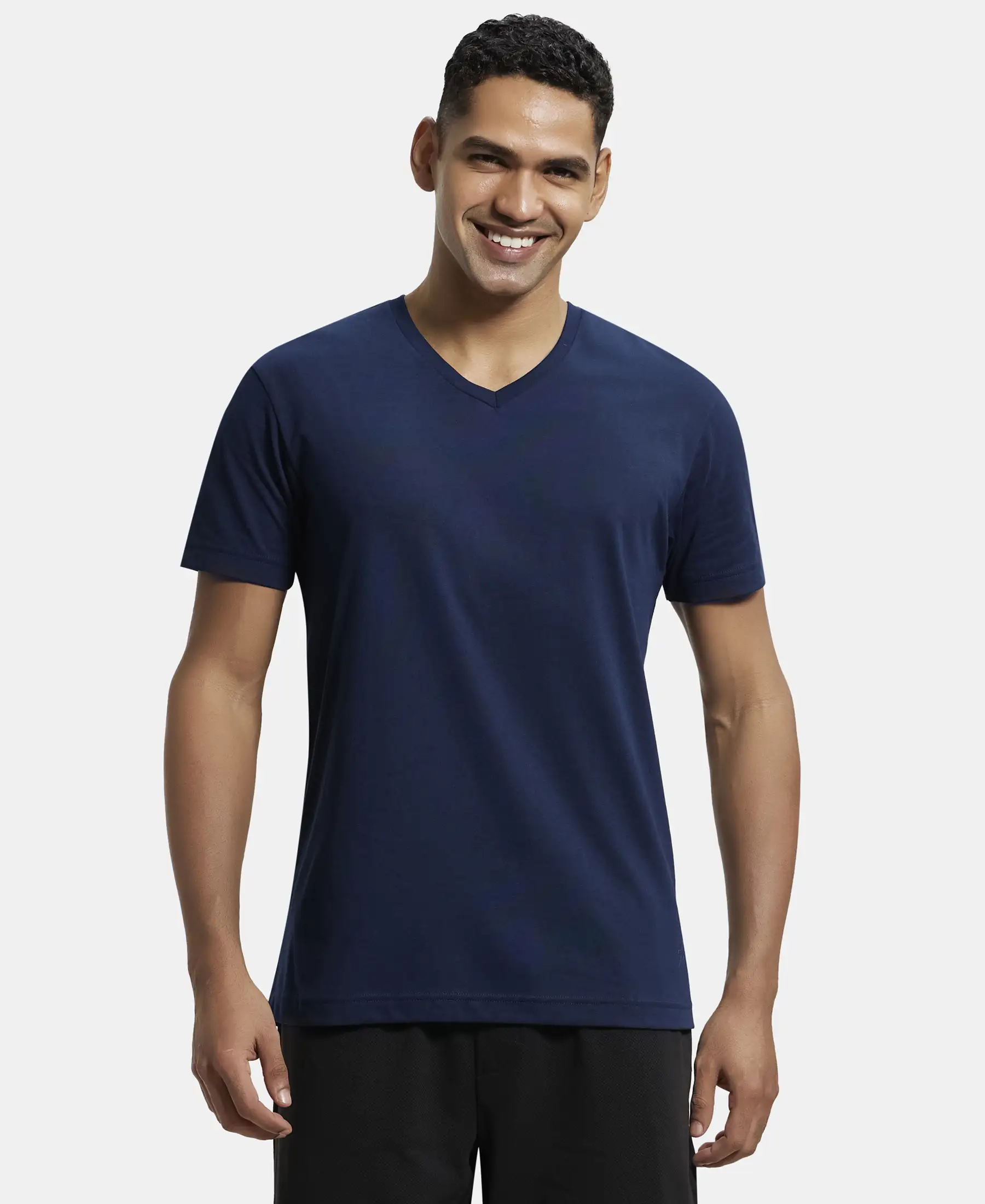 Super Combed Cotton Rich Solid V Neck Half Sleeve T-Shirt - Navy