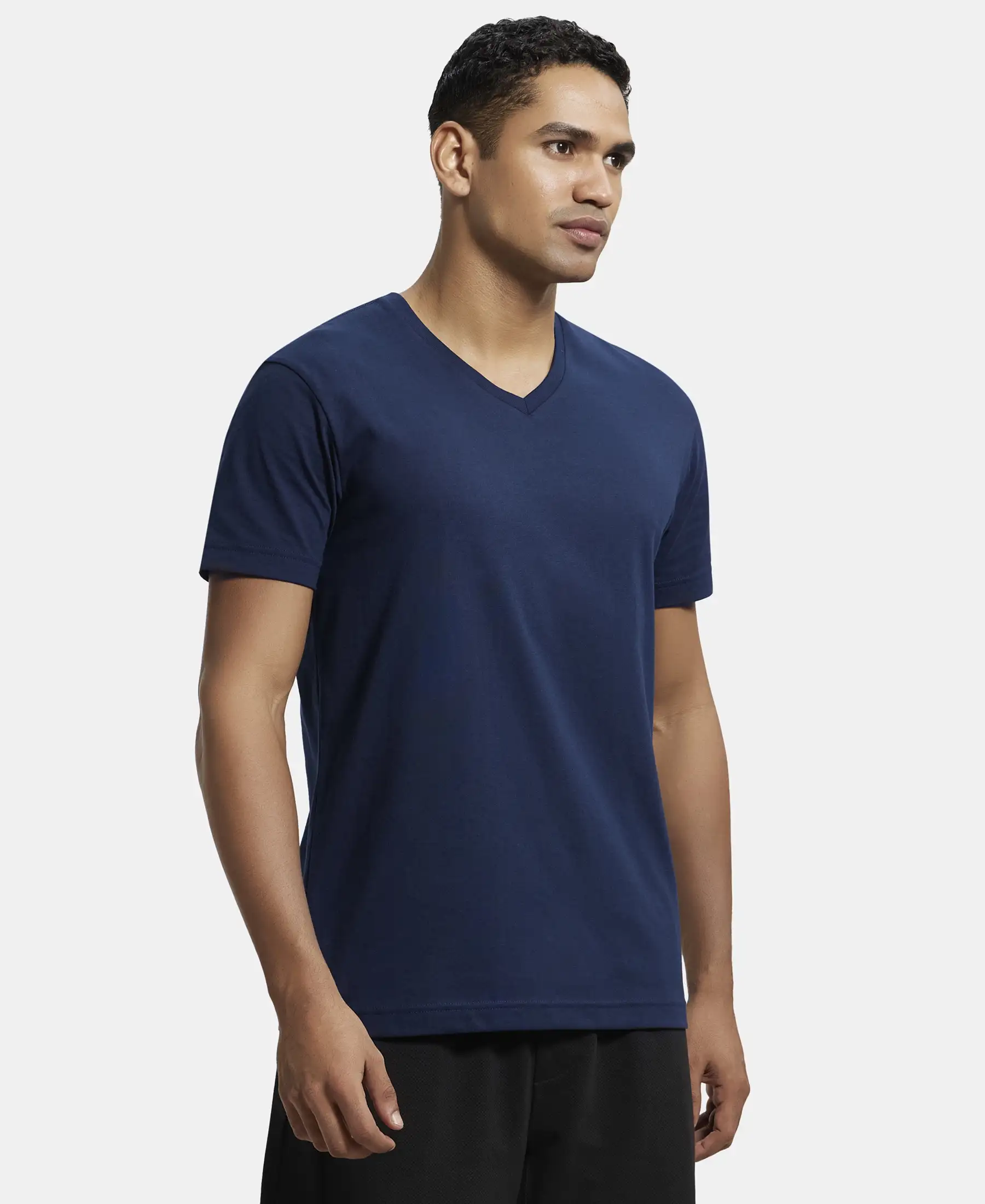 Super Combed Cotton Rich Solid V Neck Half Sleeve T-Shirt - Navy - Image 2