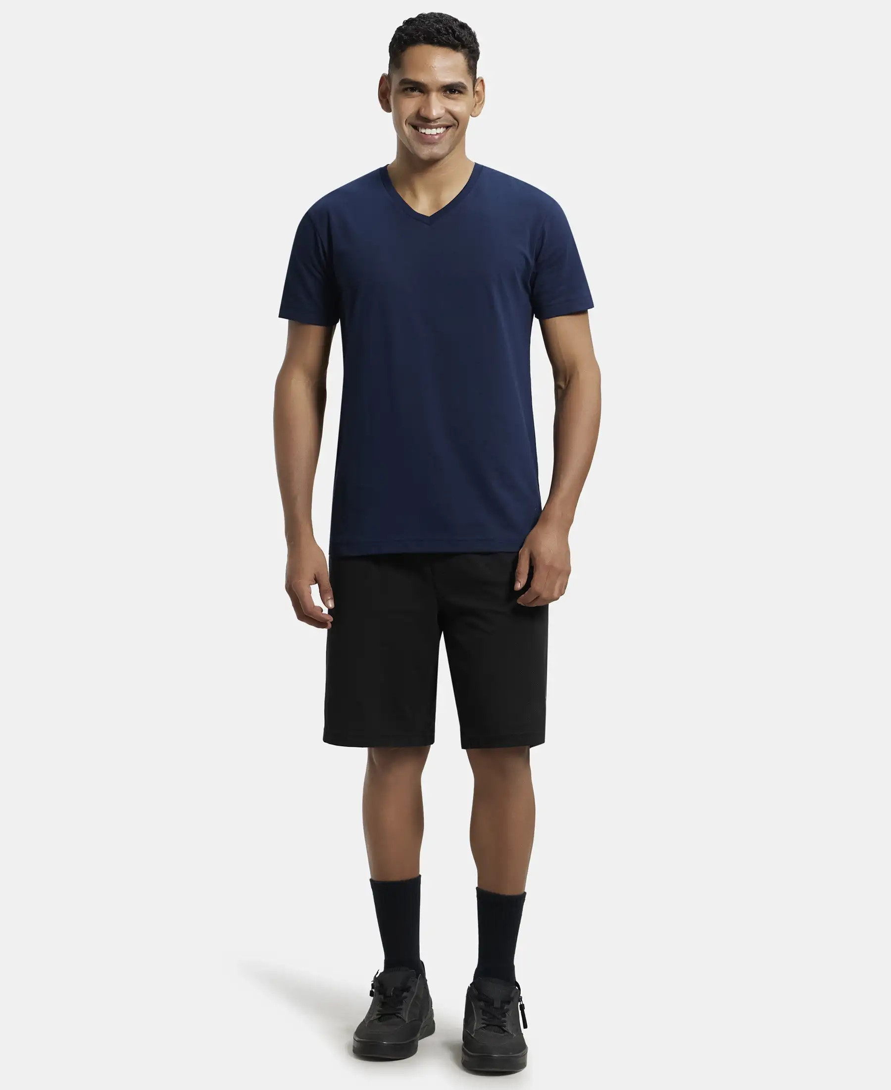 Super Combed Cotton Rich Solid V Neck Half Sleeve T-Shirt - Navy - Image 4