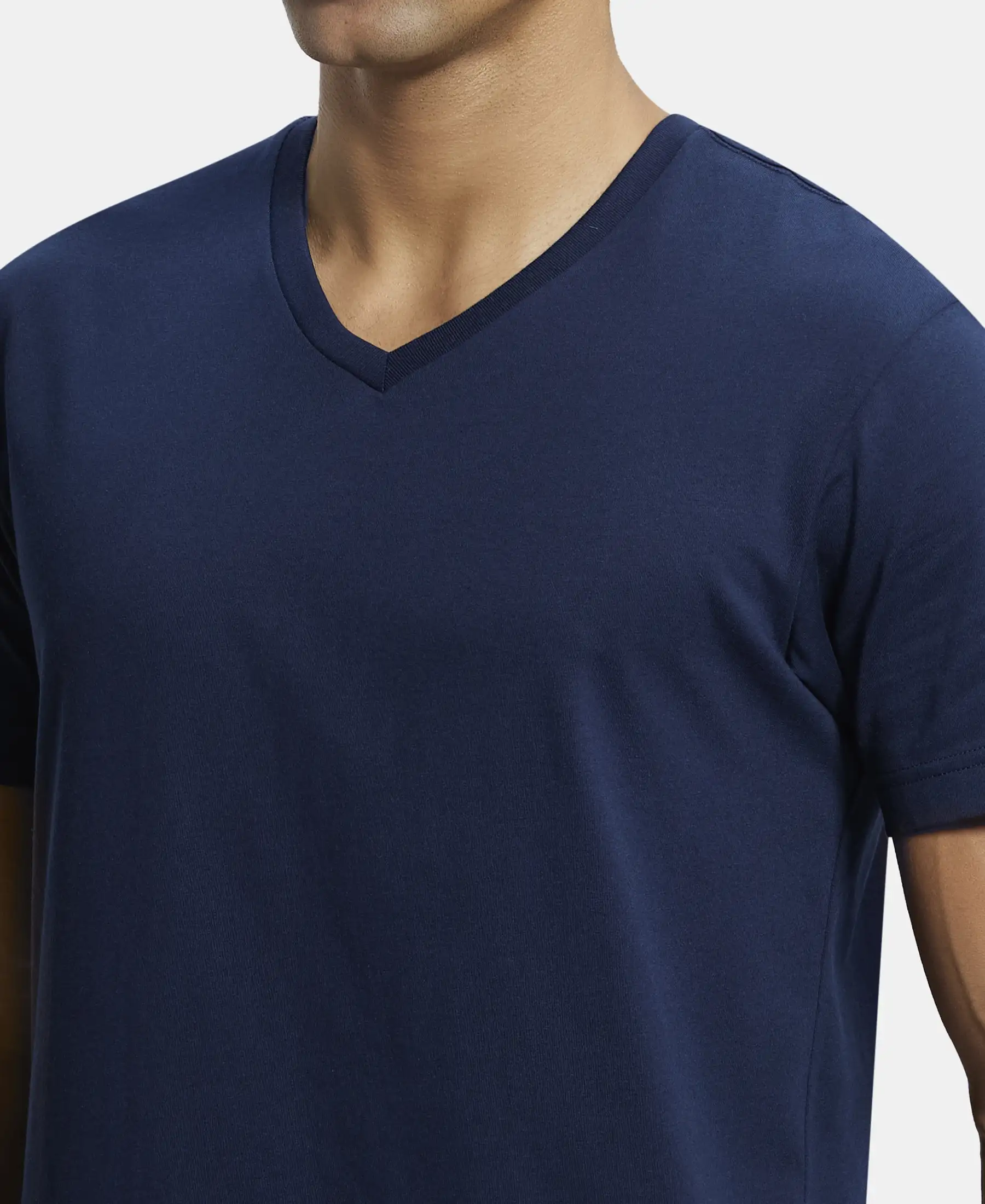 Super Combed Cotton Rich Solid V Neck Half Sleeve T-Shirt - Navy - Image 6