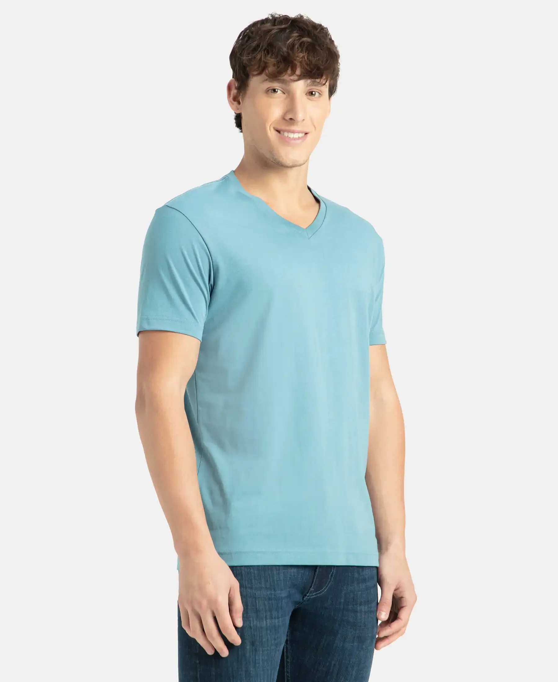 Super Combed Cotton Rich Solid V Neck Half Sleeve T-Shirt - Provincial Blue - Image 2