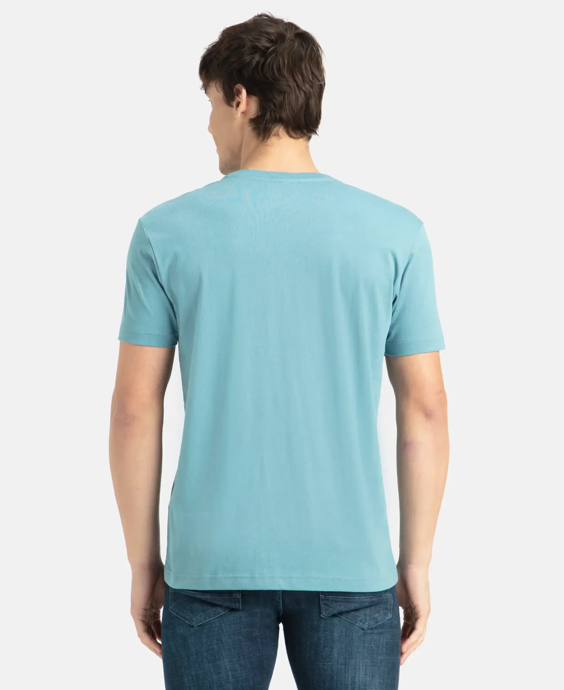 Super Combed Cotton Rich Solid V Neck Half Sleeve T-Shirt - Provincial Blue - Image 3