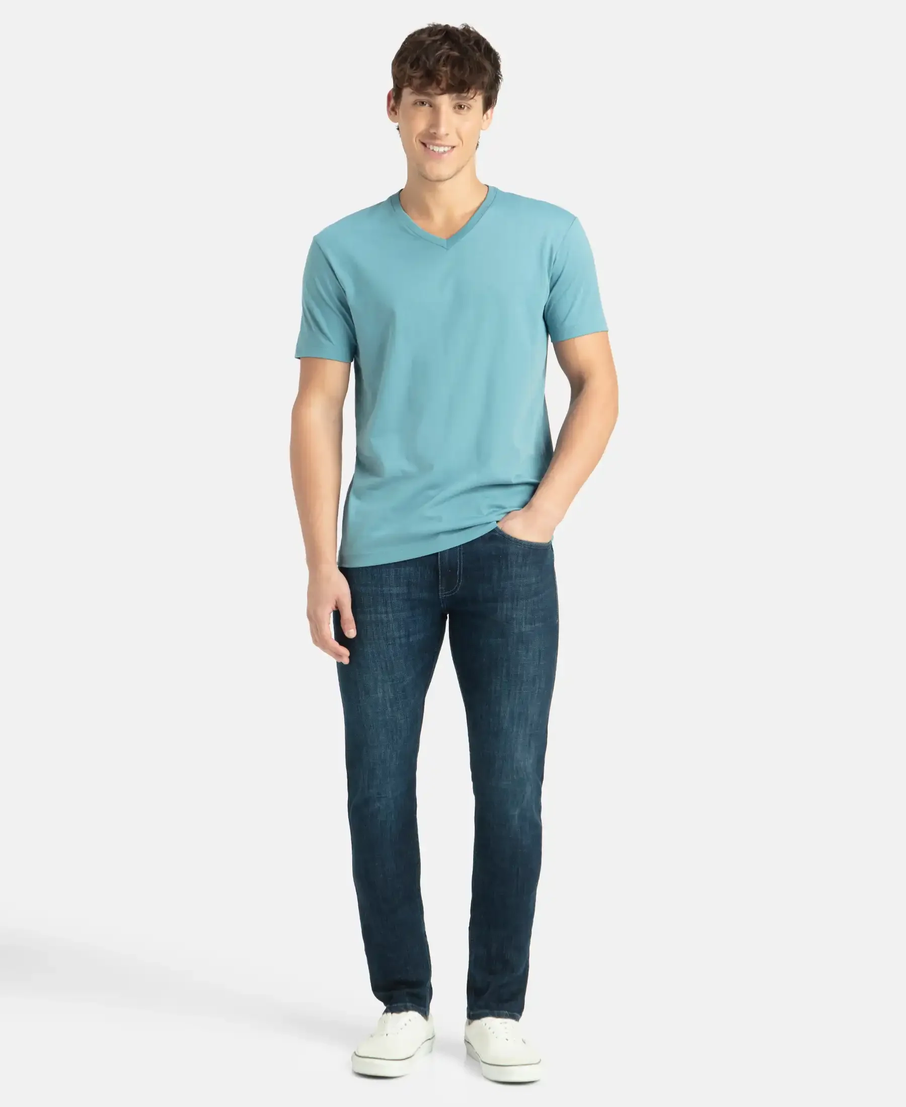 Super Combed Cotton Rich Solid V Neck Half Sleeve T-Shirt - Provincial Blue - Image 4