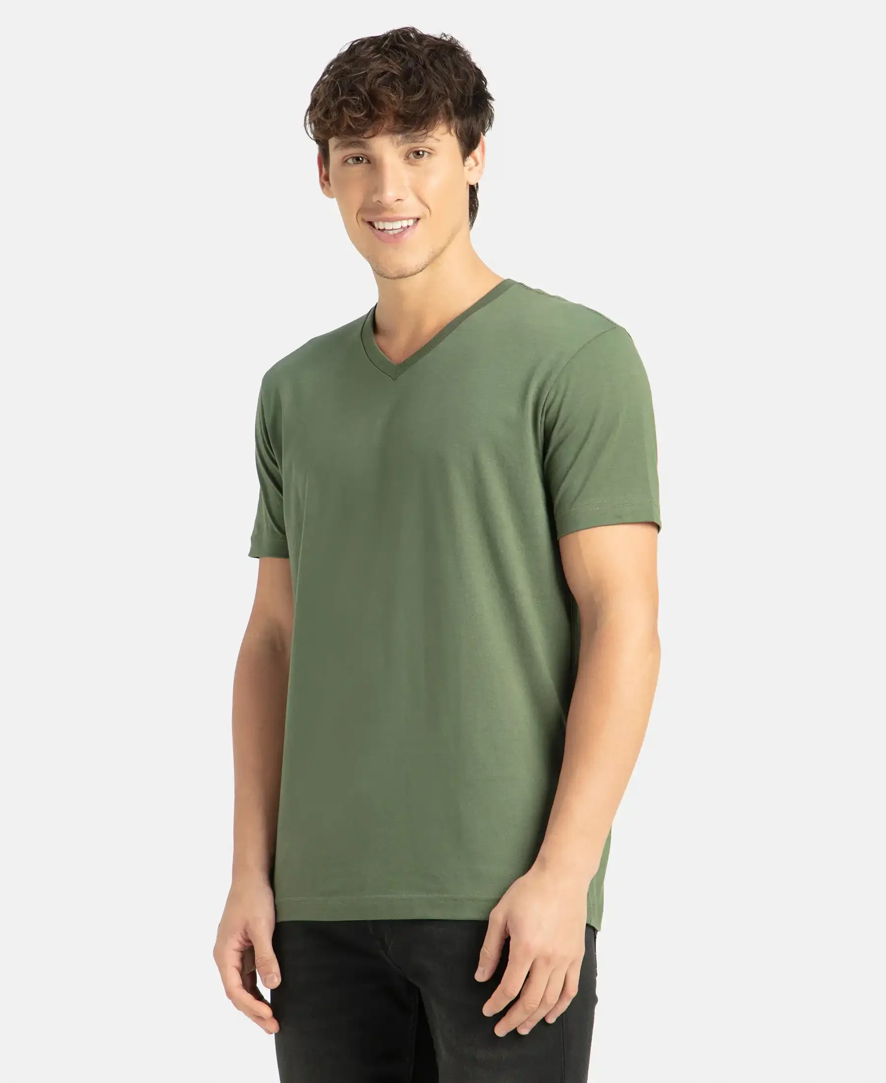 Super Combed Cotton Rich Solid V Neck Half Sleeve T-Shirt - Thyme - Image 2