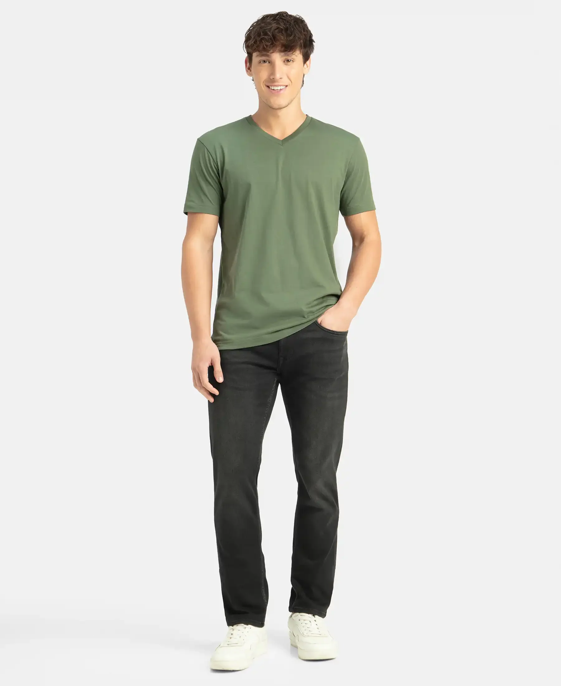 Super Combed Cotton Rich Solid V Neck Half Sleeve T-Shirt - Thyme - Image 4