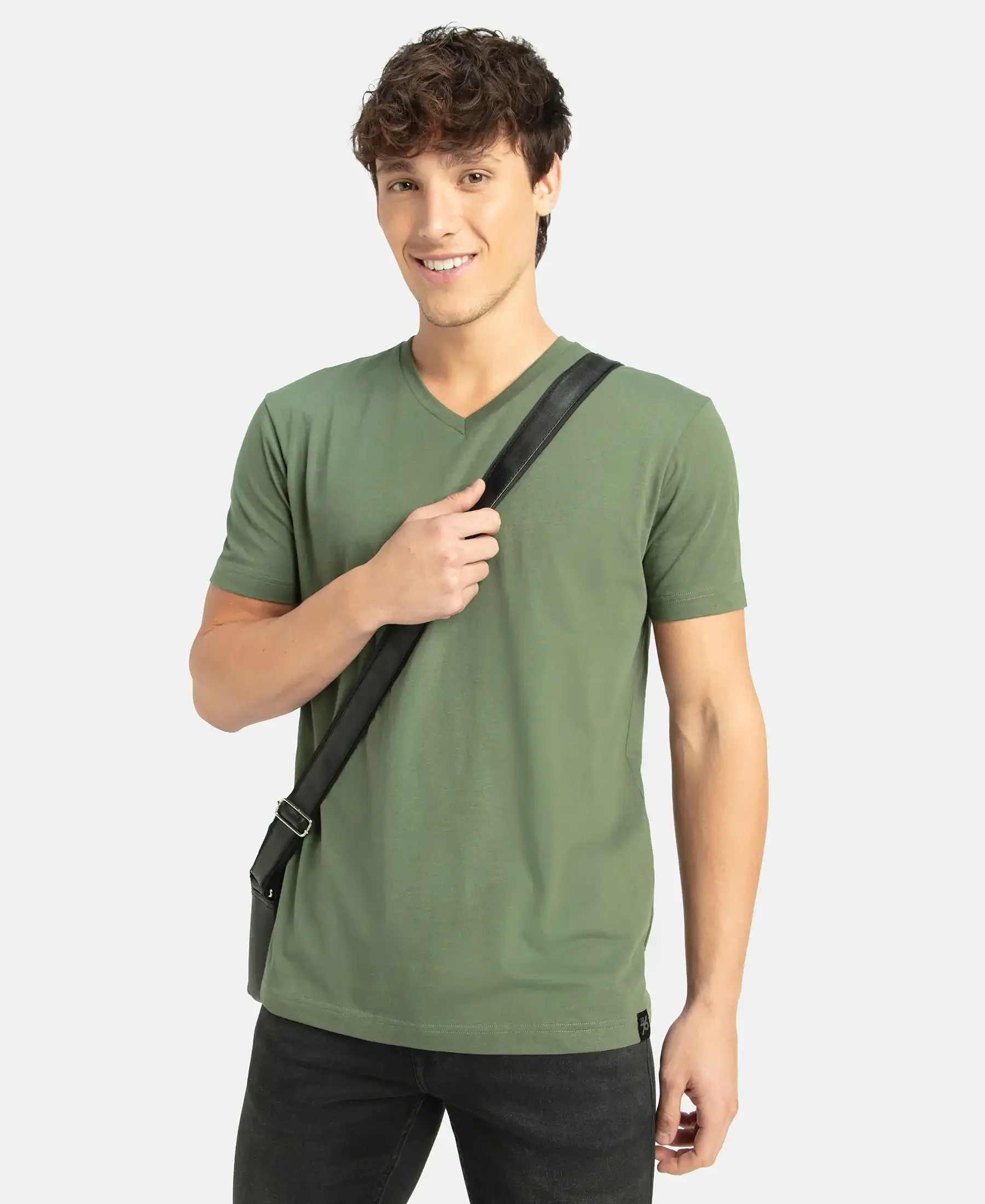Super Combed Cotton Rich Solid V Neck Half Sleeve T-Shirt - Thyme - Image 5