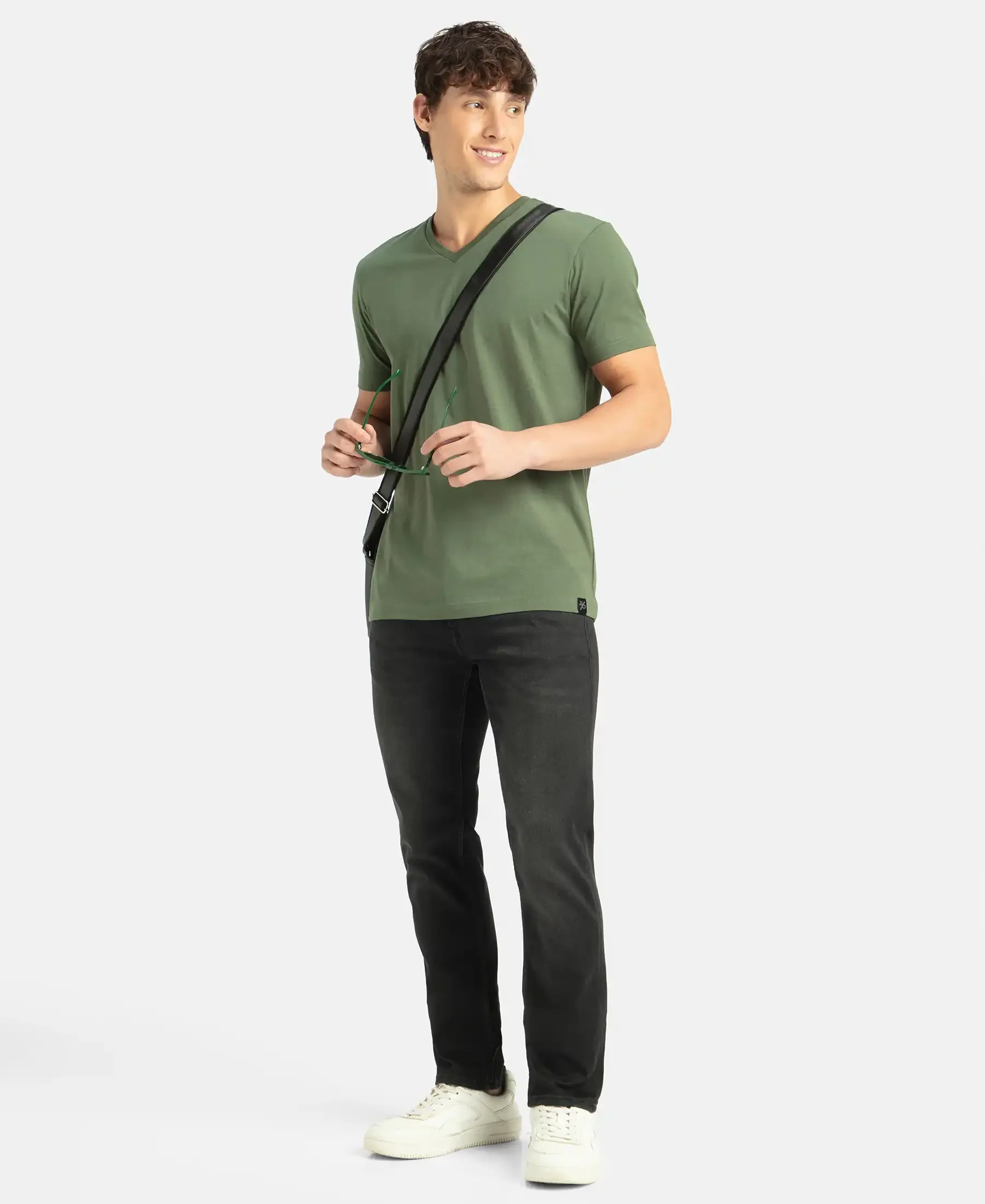 Super Combed Cotton Rich Solid V Neck Half Sleeve T-Shirt - Thyme - Image 6