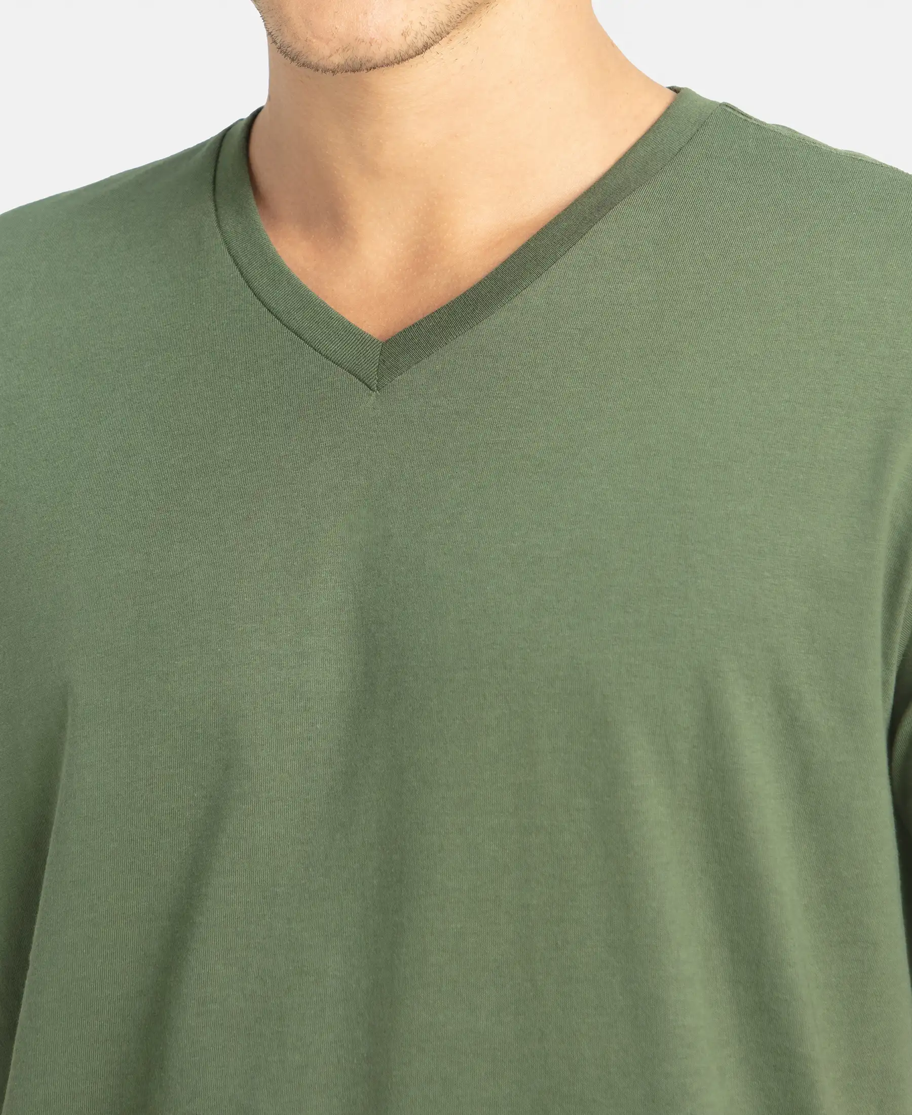 Super Combed Cotton Rich Solid V Neck Half Sleeve T-Shirt - Thyme - Image 7