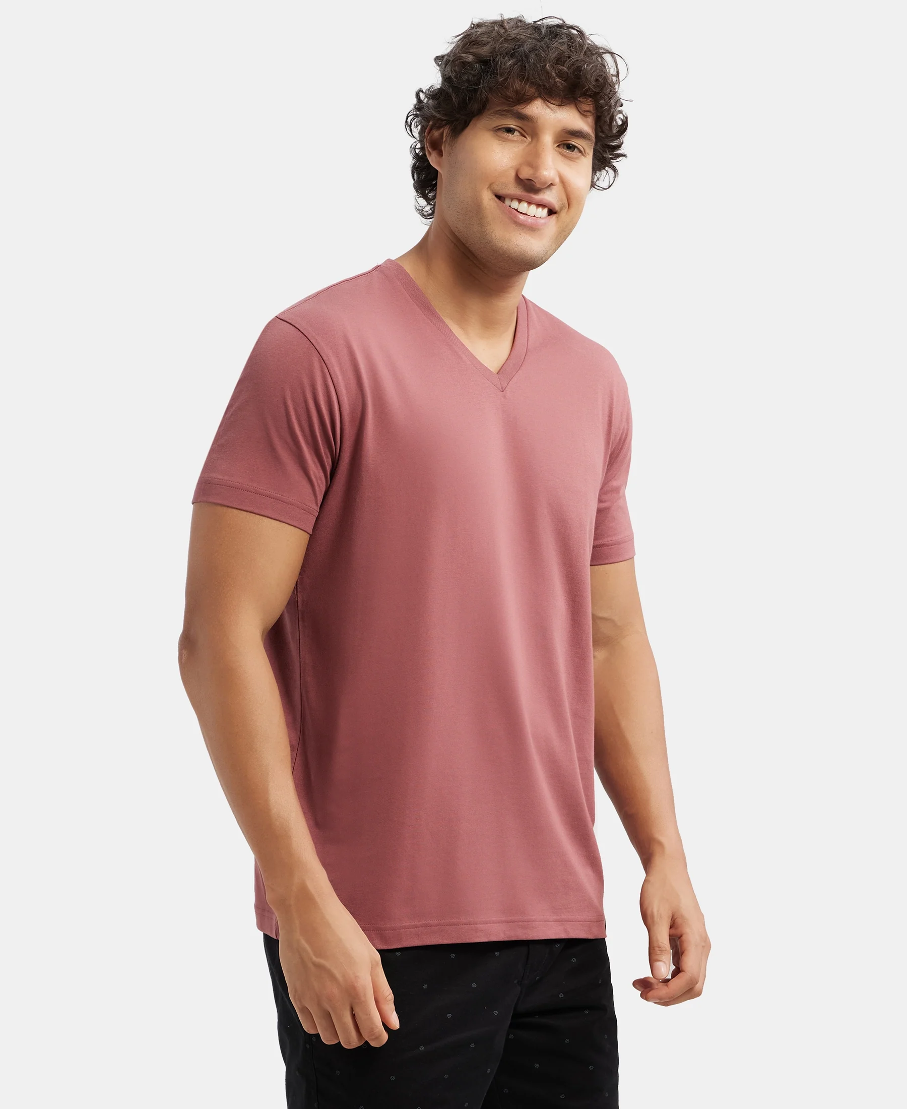 Super Combed Cotton Rich Solid V Neck Half Sleeve T-Shirt - Wild Ginger - Image 2