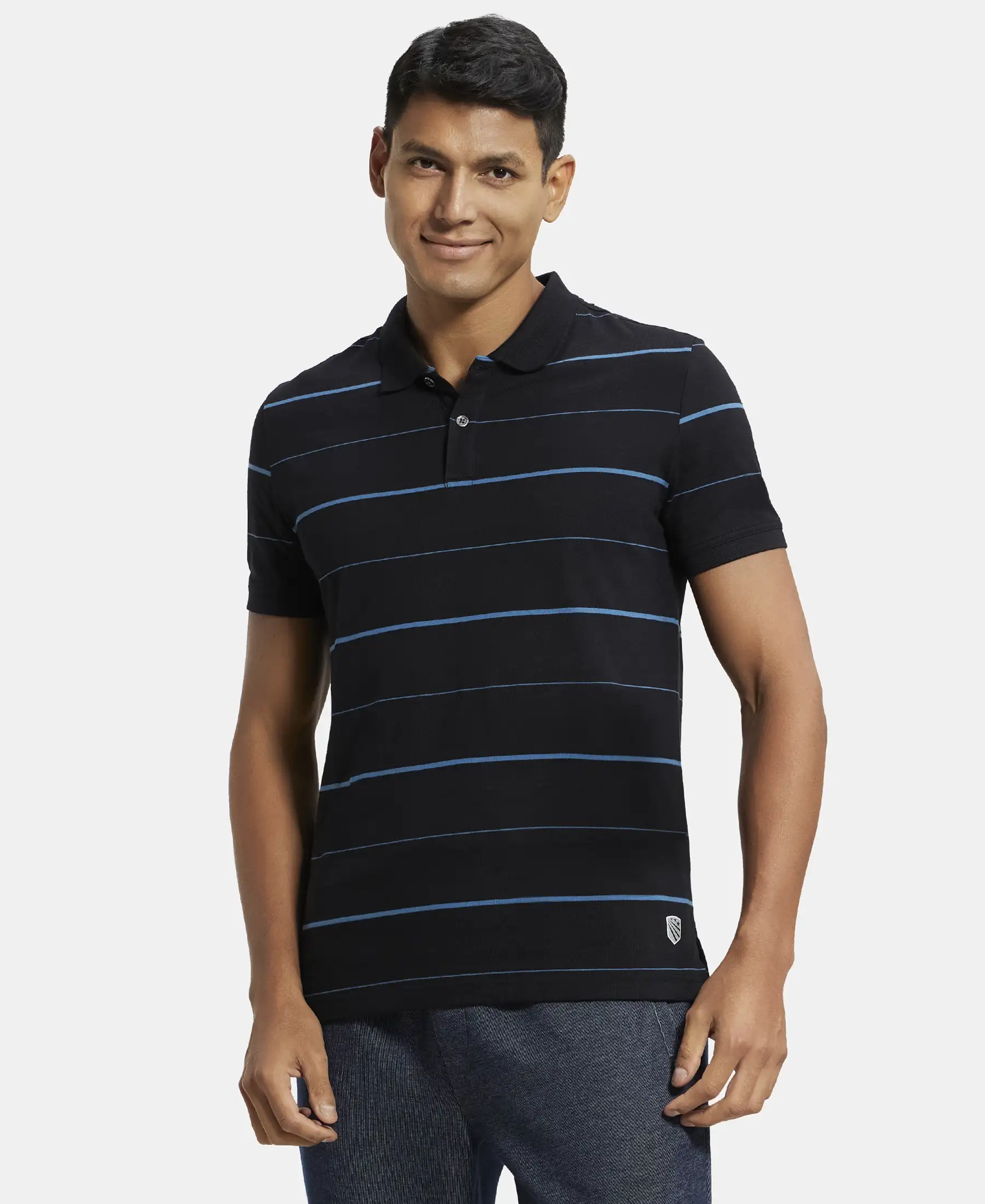 Super Combed Cotton Rich Striped Half Sleeve Polo T-Shirt - Black & Stellar