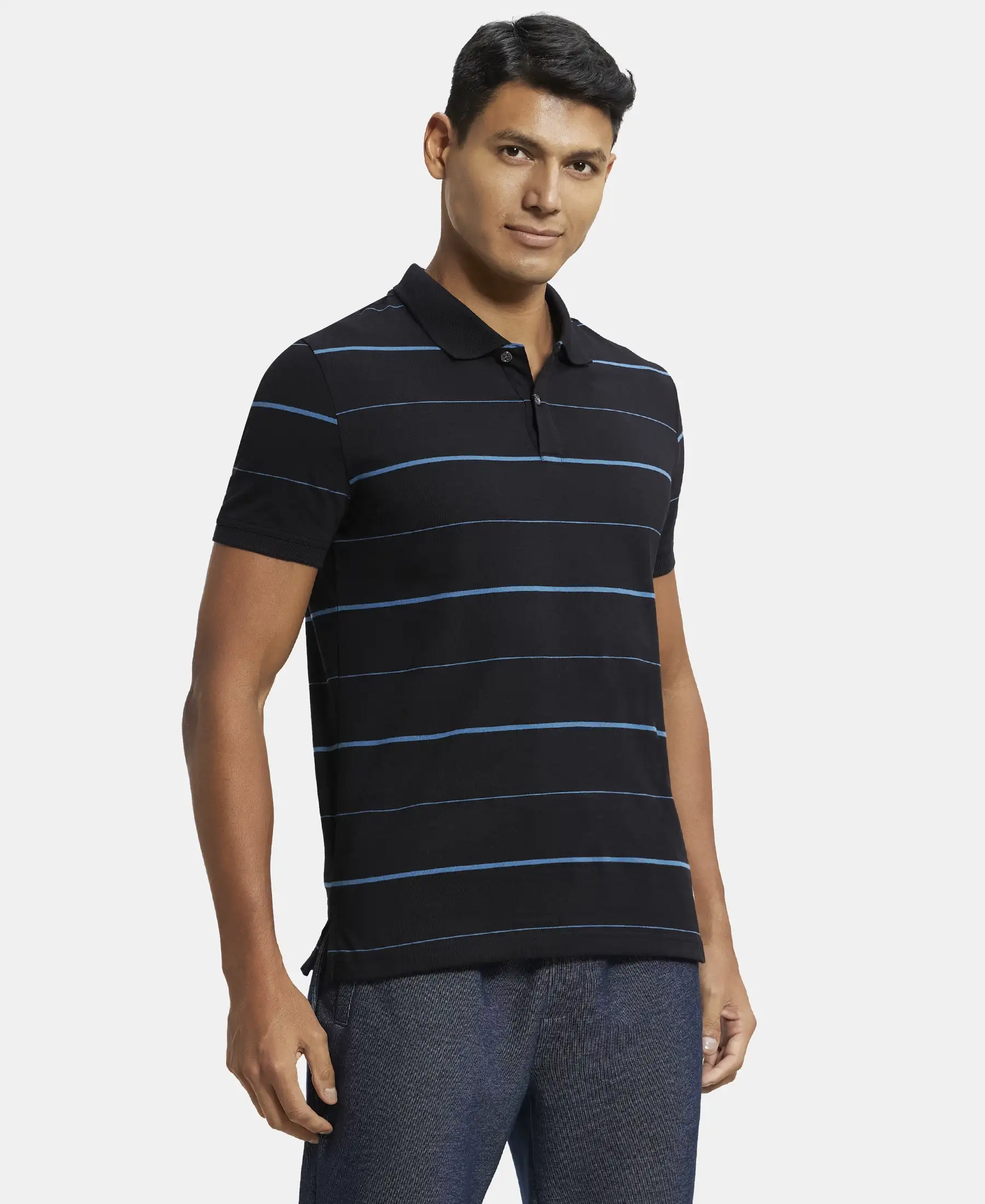 Super Combed Cotton Rich Striped Half Sleeve Polo T-Shirt - Black & Stellar - Image 2