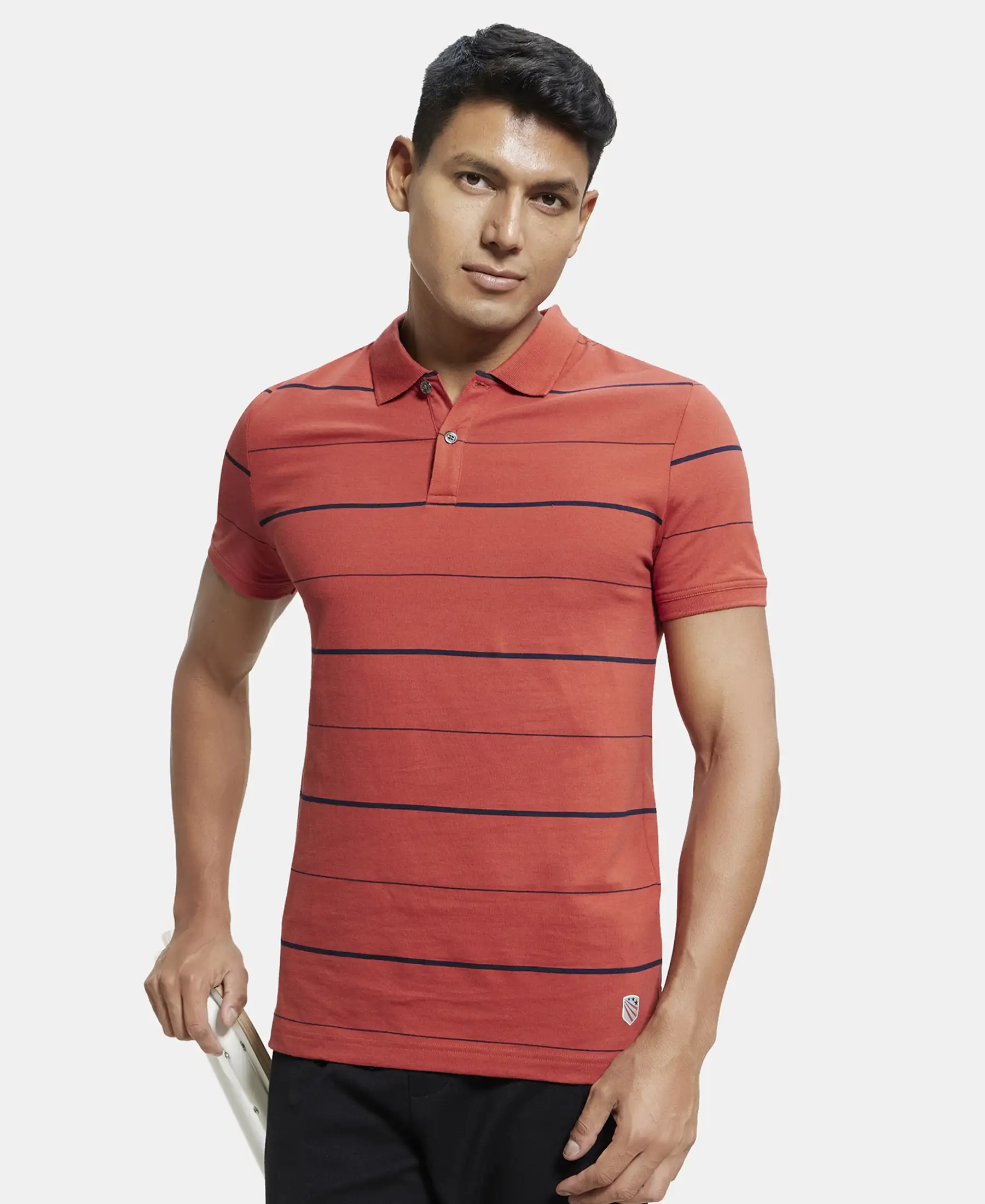 Super Combed Cotton Rich Striped Half Sleeve Polo T-Shirt - Cinnabar & Navy - Image 5